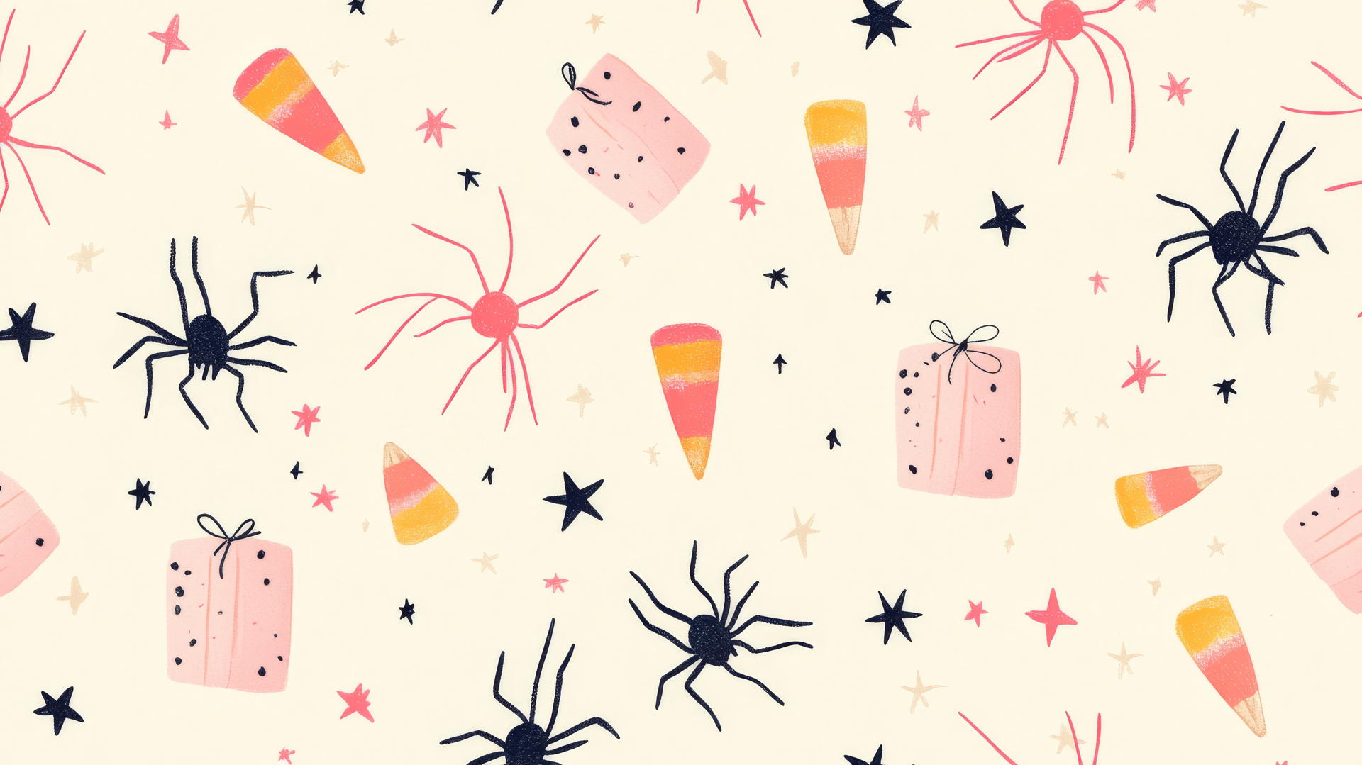 seamless pink spiders, candy corn, stars on pastel cream background, hand-drawn, whimsical, halloween wallpaper preppy
