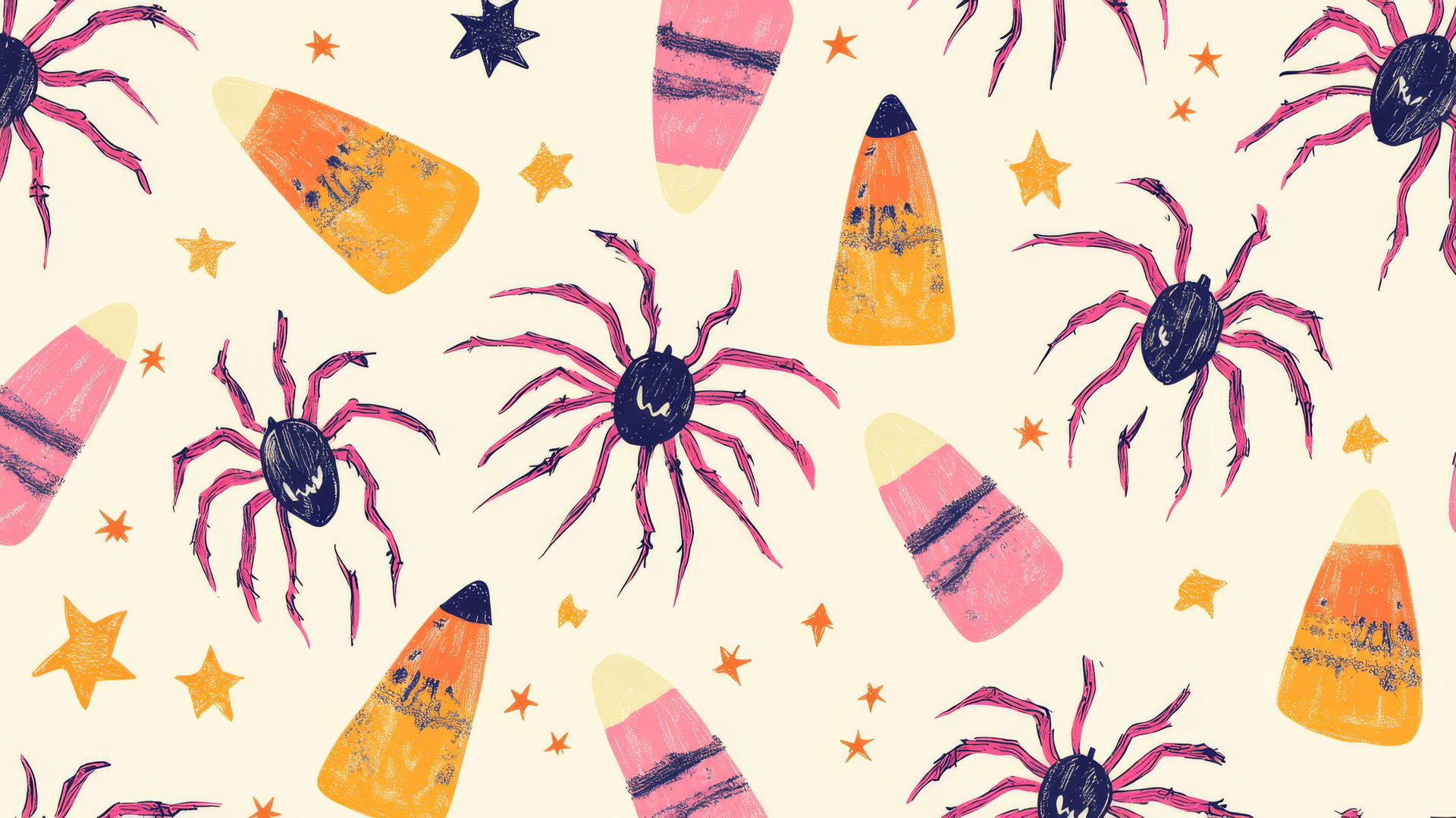 halloween wallpaper preppy with pink spiders, candy corn, and stars on pastel cream background