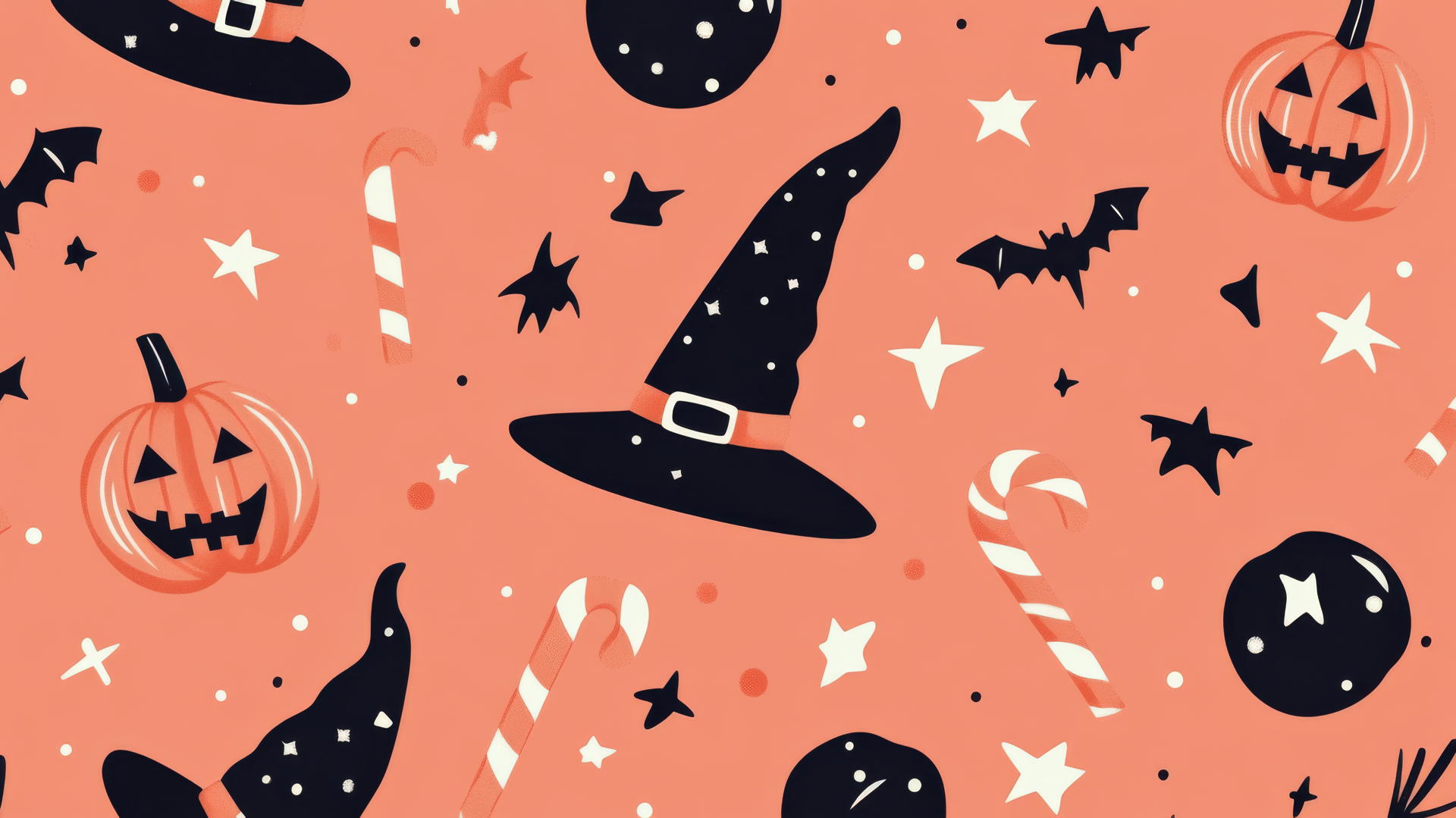 Halloween wallpaper preppy with witches, candy canes, and stars on pastel coral