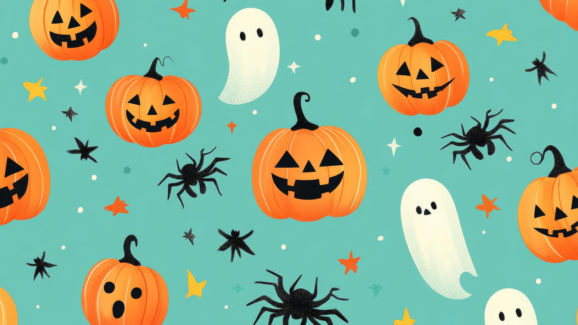 Halloween wallpaper preppy with smiling jack-o'-lanterns, spiders, and ghosts on teal