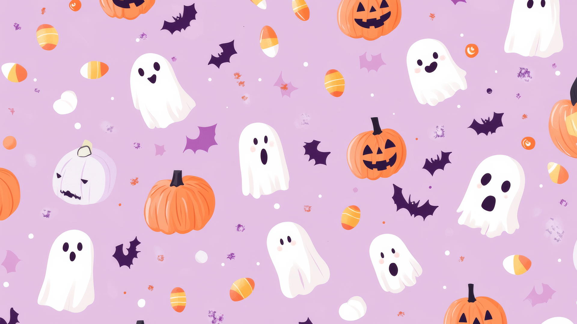 preppy wallpaper halloween with cute ghosts, pumpkins, and candy corn on lavender background
