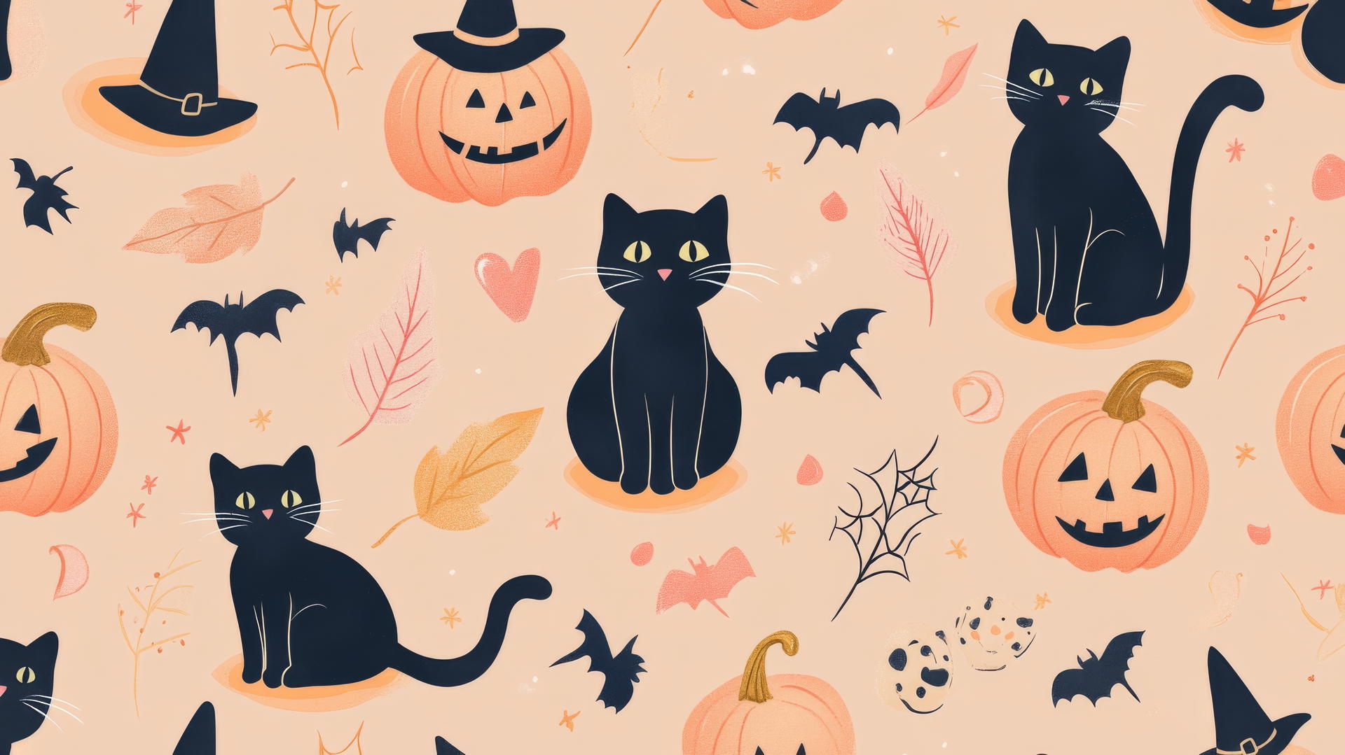 preppy wallpaper halloween with cute black cats, pumpkins, and witch hats on a pastel peach background