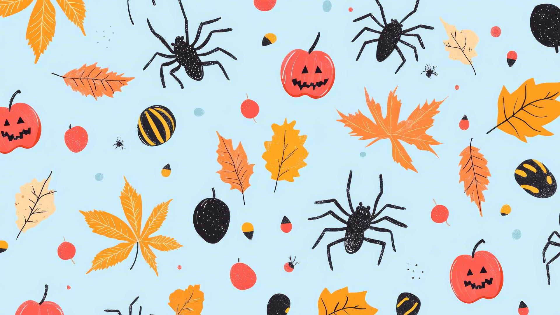 preppy wallpaper halloween with cute spiders, candy apples, and autumn leaves on pastel blue