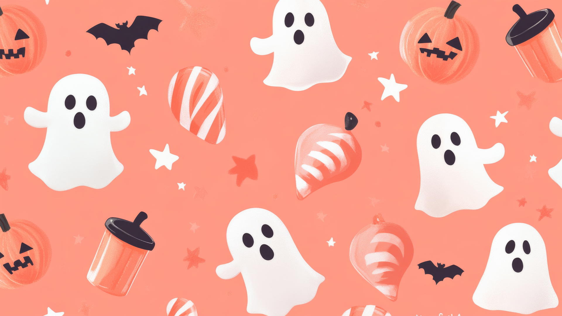 preppy halloween wallpaper with retro ghosts, candy canes, and stars on pastel coral background