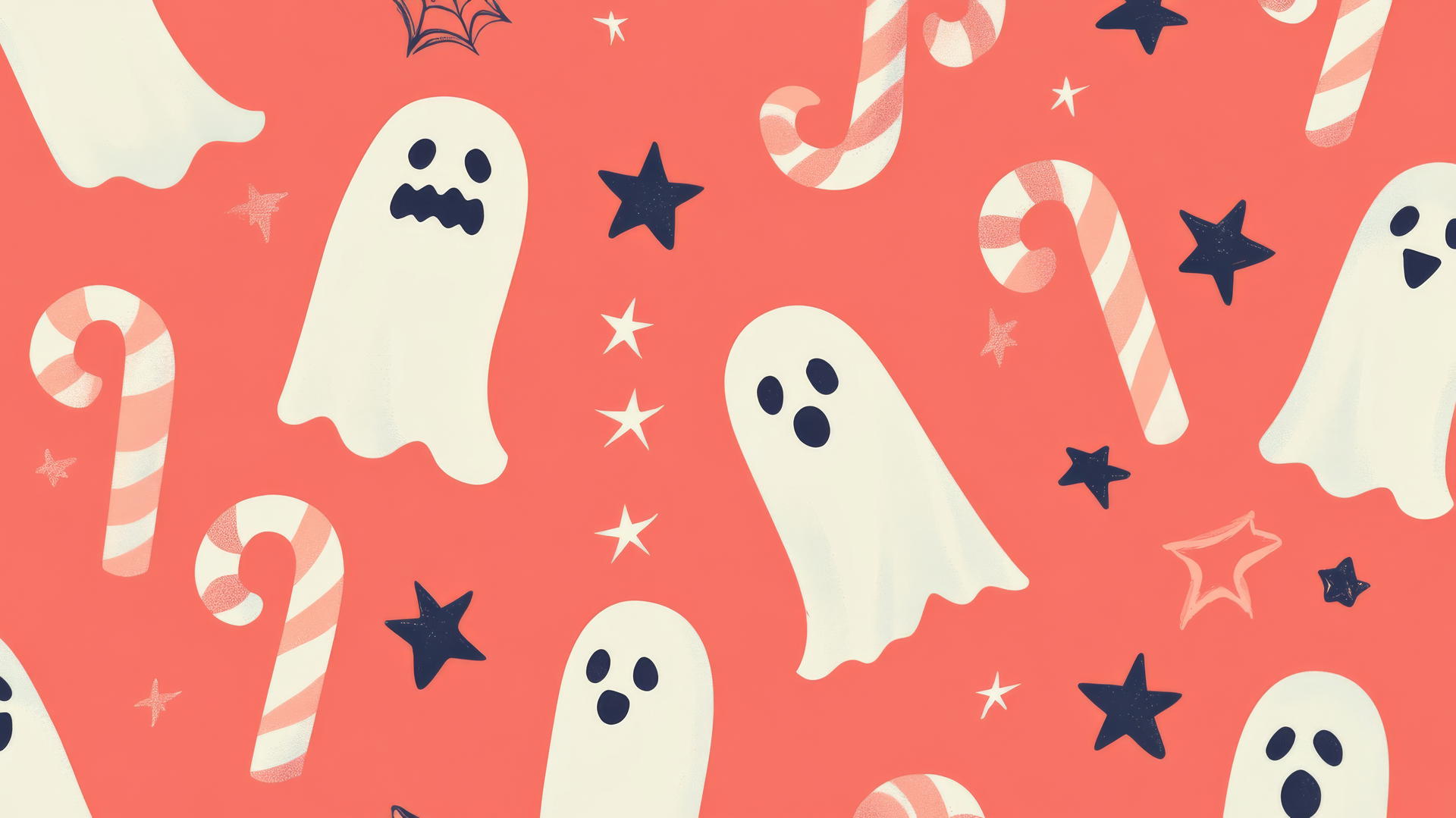preppy Halloween wallpaper with ghosts, candy canes, and stars on a pastel coral background
