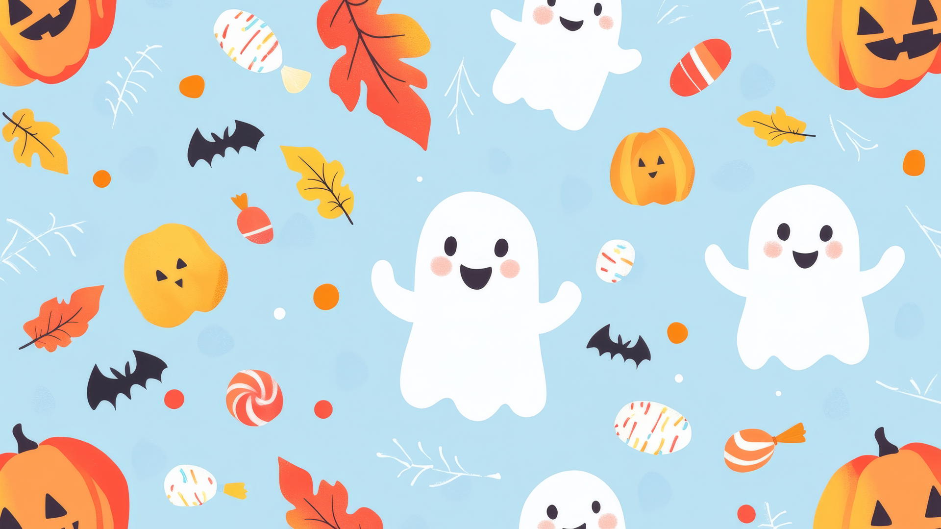 preppy halloween wallpaper with cute ghosts, candy, and autumn leaves on pastel blue