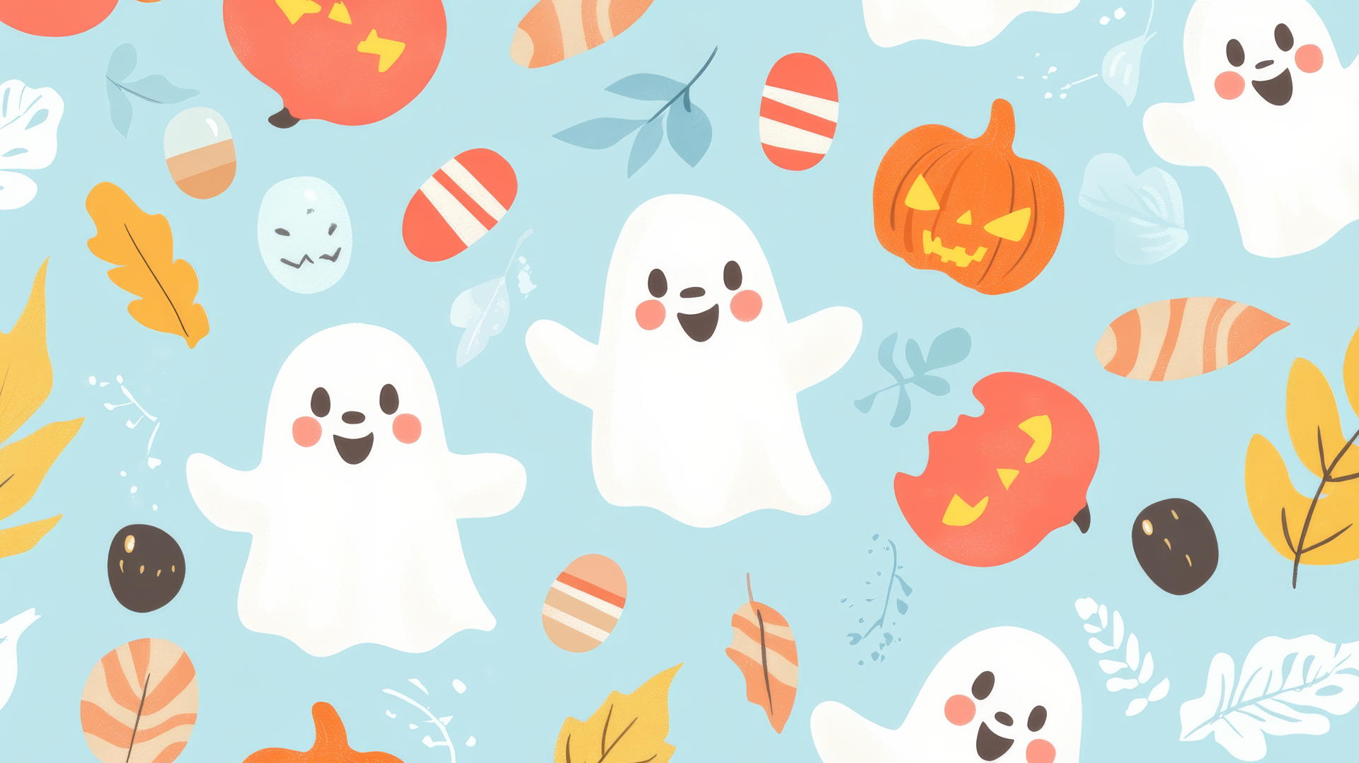 preppy halloween wallpaper with cute ghosts, candy, and autumn leaves on pastel blue background