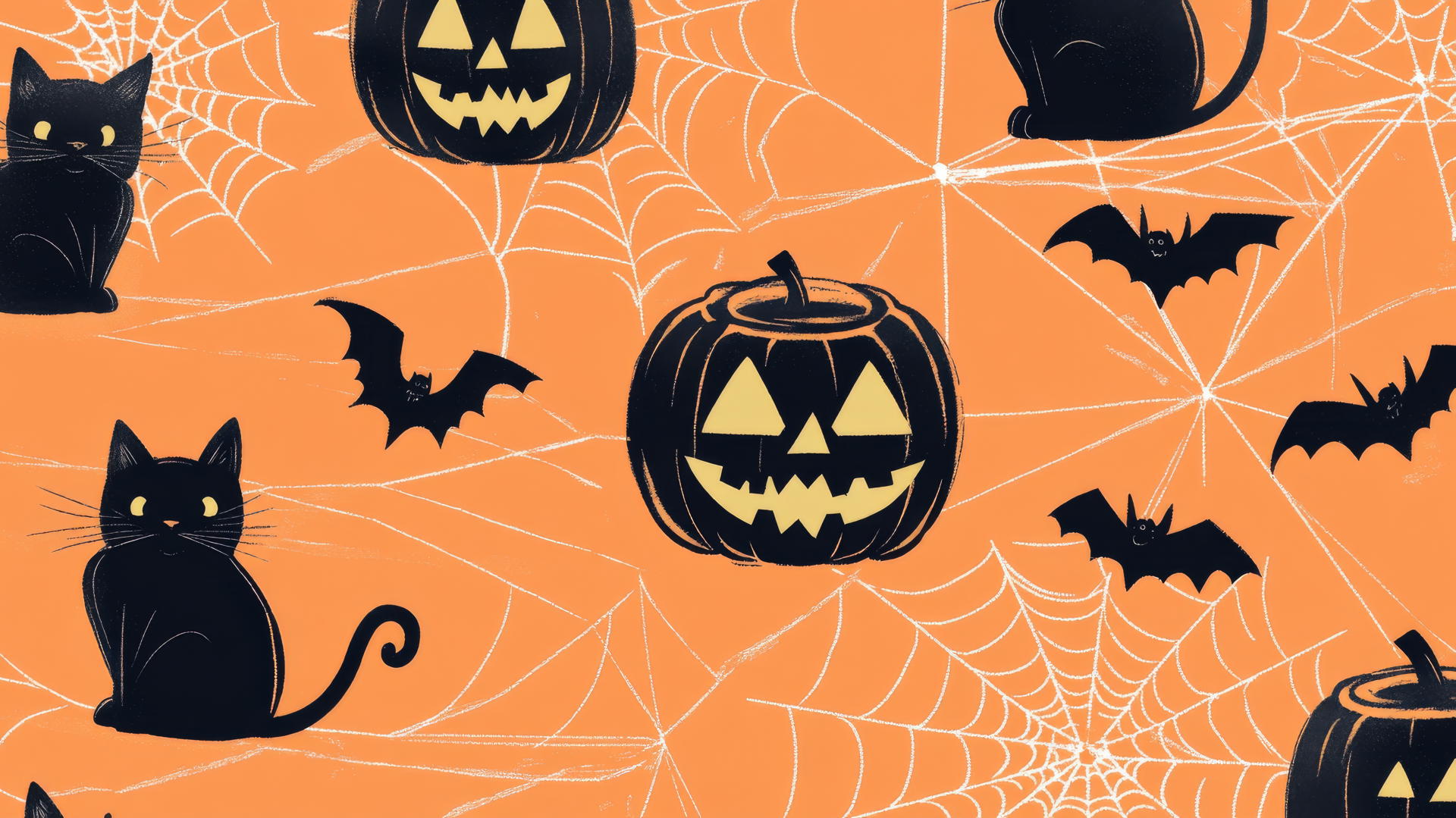 preppy halloween wallpaper with jack-o'-lanterns, black cats, and spiderwebs