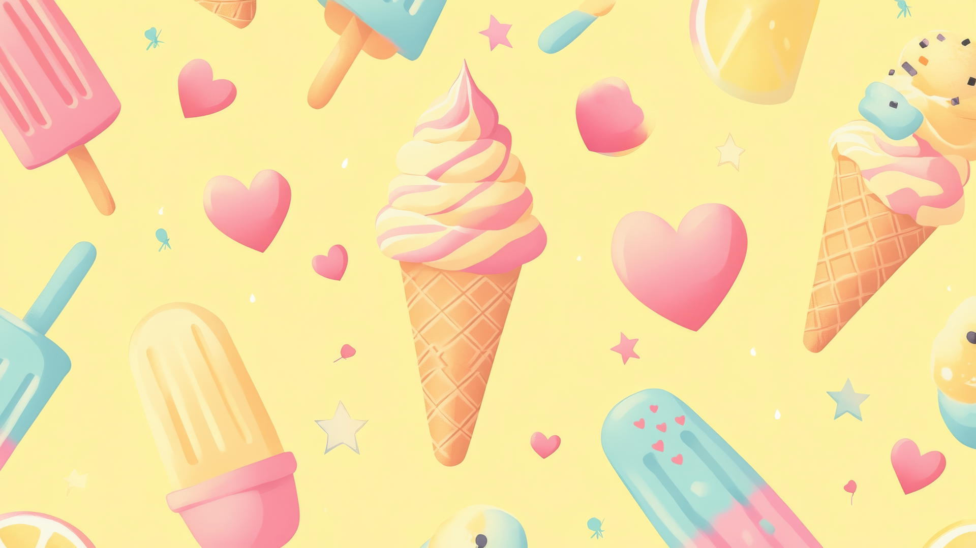 Preppy summer wallpaper with pastel ice cream cones, popsicles, lemonades, hearts, and stars.