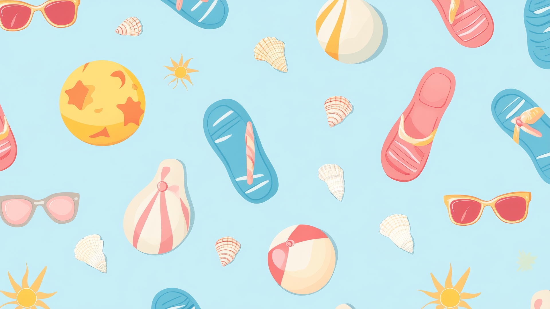 pastel-colored flip-flops, beach balls, sunglasses on light blue background with sun icons and seashells