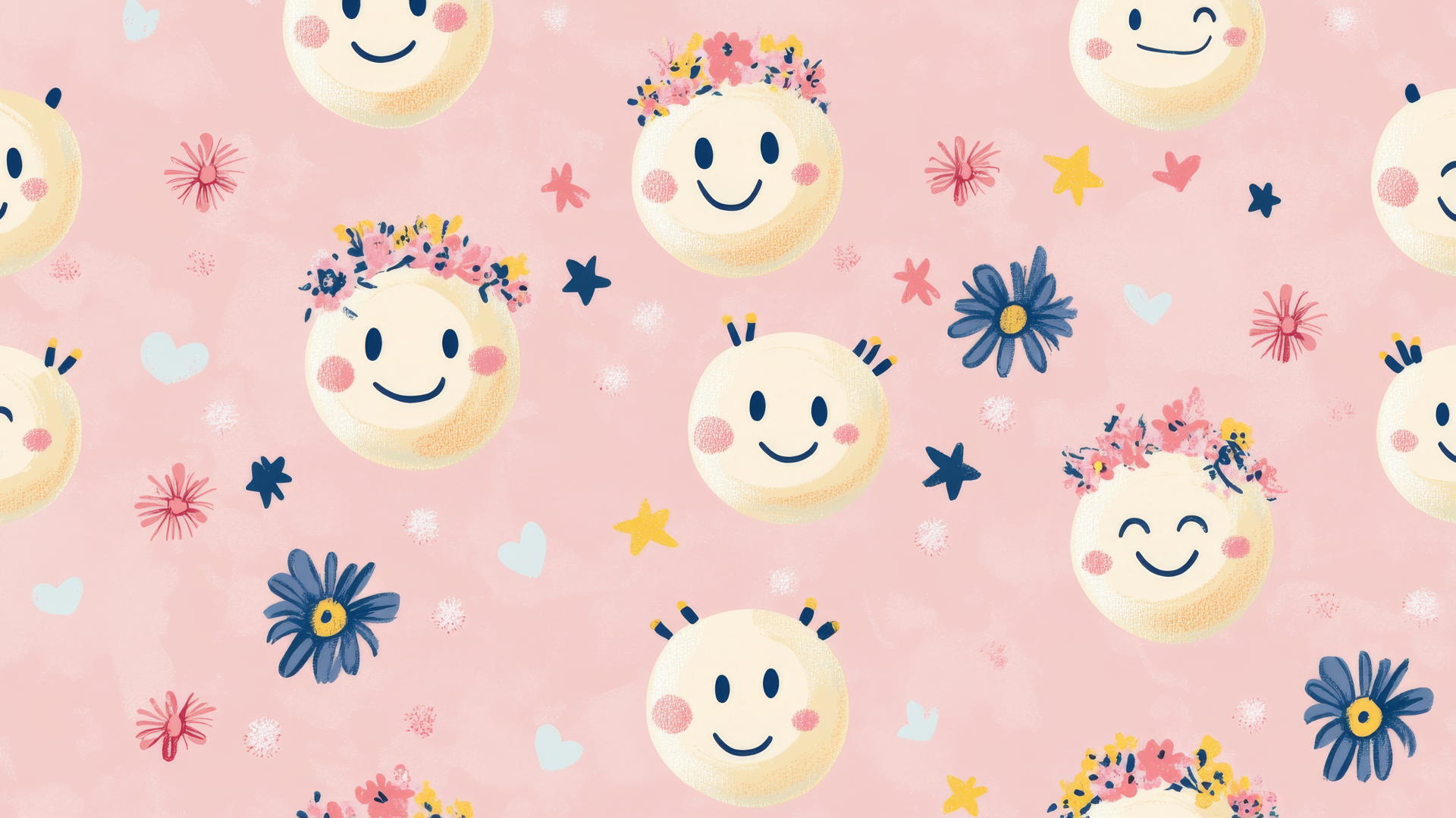 preppy wallpaper smiley face with flower crowns on pastel pink background