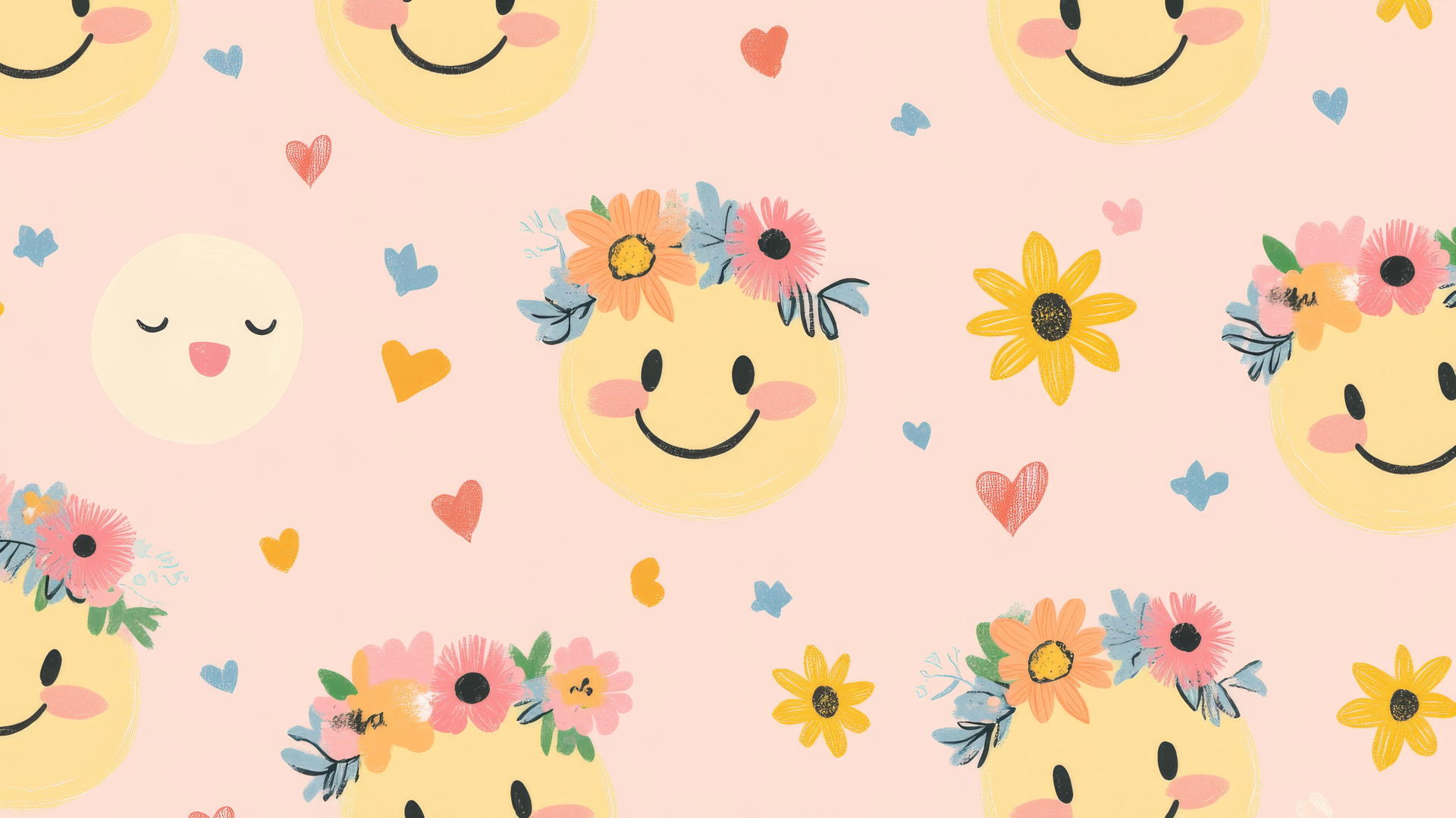 Preppy wallpaper smiley face with flower crowns on pastel pink