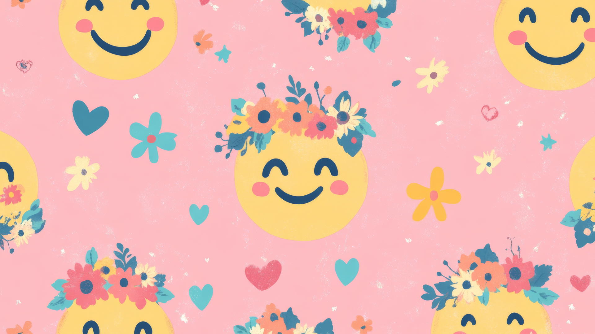preppy wallpaper smiley face with retro flower crowns on pastel pink