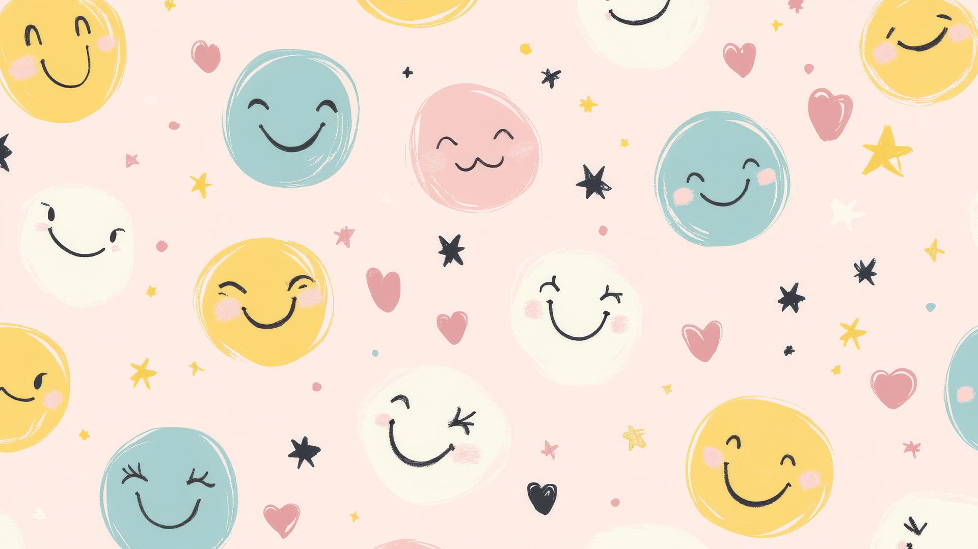 preppy wallpaper smiley face with playful expressions among stars and hearts on light pink background