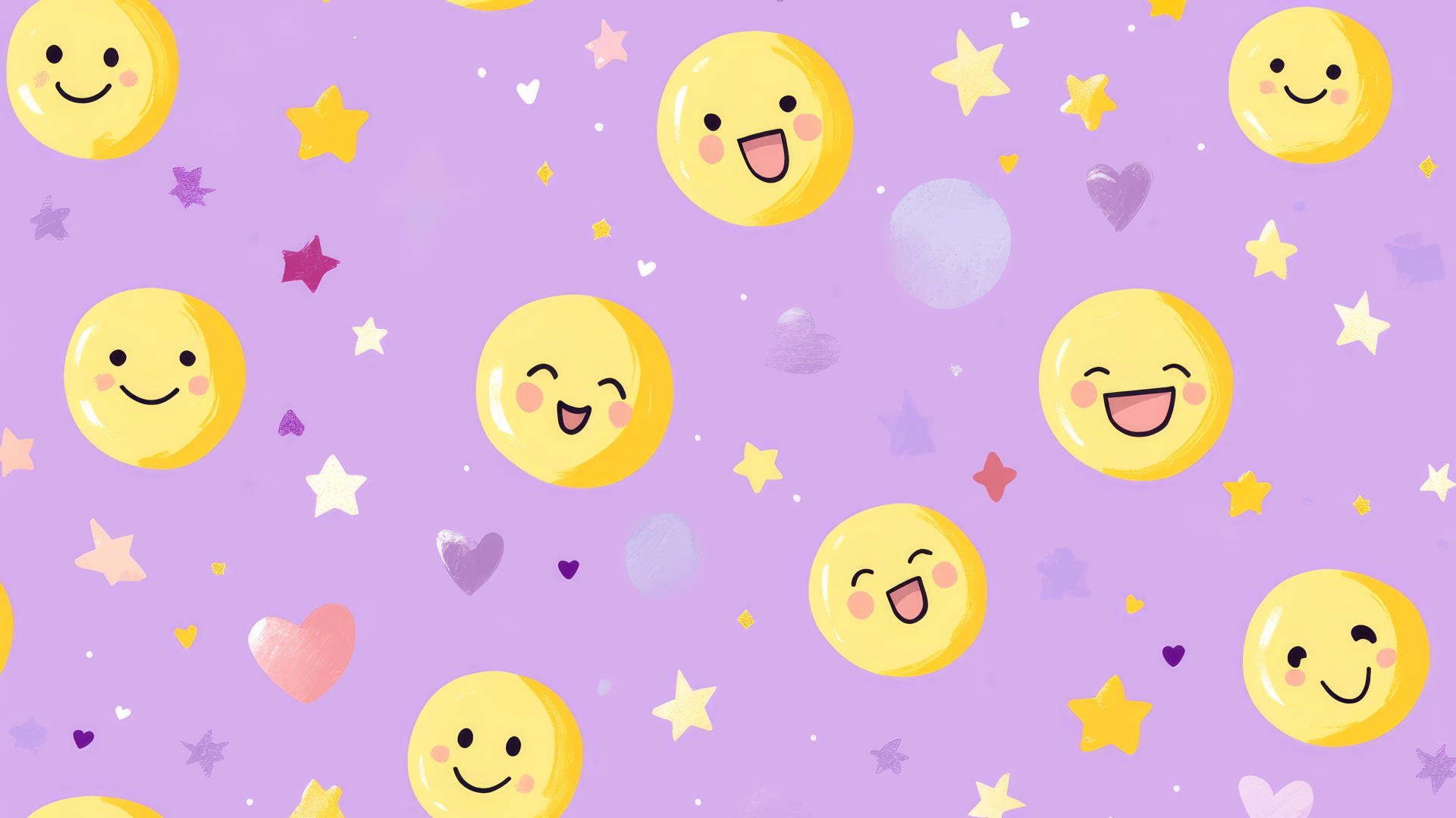 Preppy wallpaper smiley face pattern with hearts and stars on pastel purple