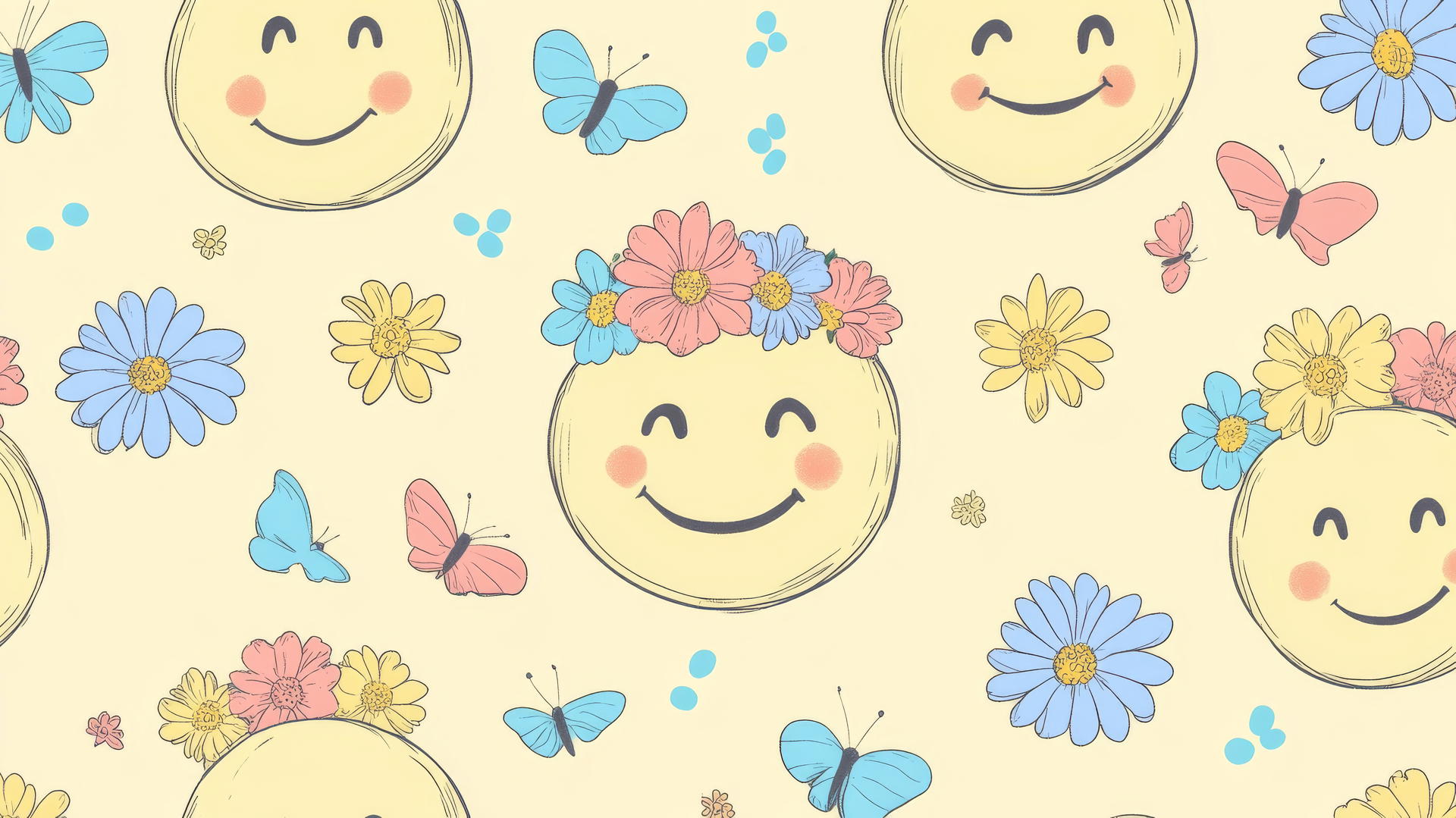 Preppy wallpaper smiley face with flower crowns, pastel daisies, and butterflies