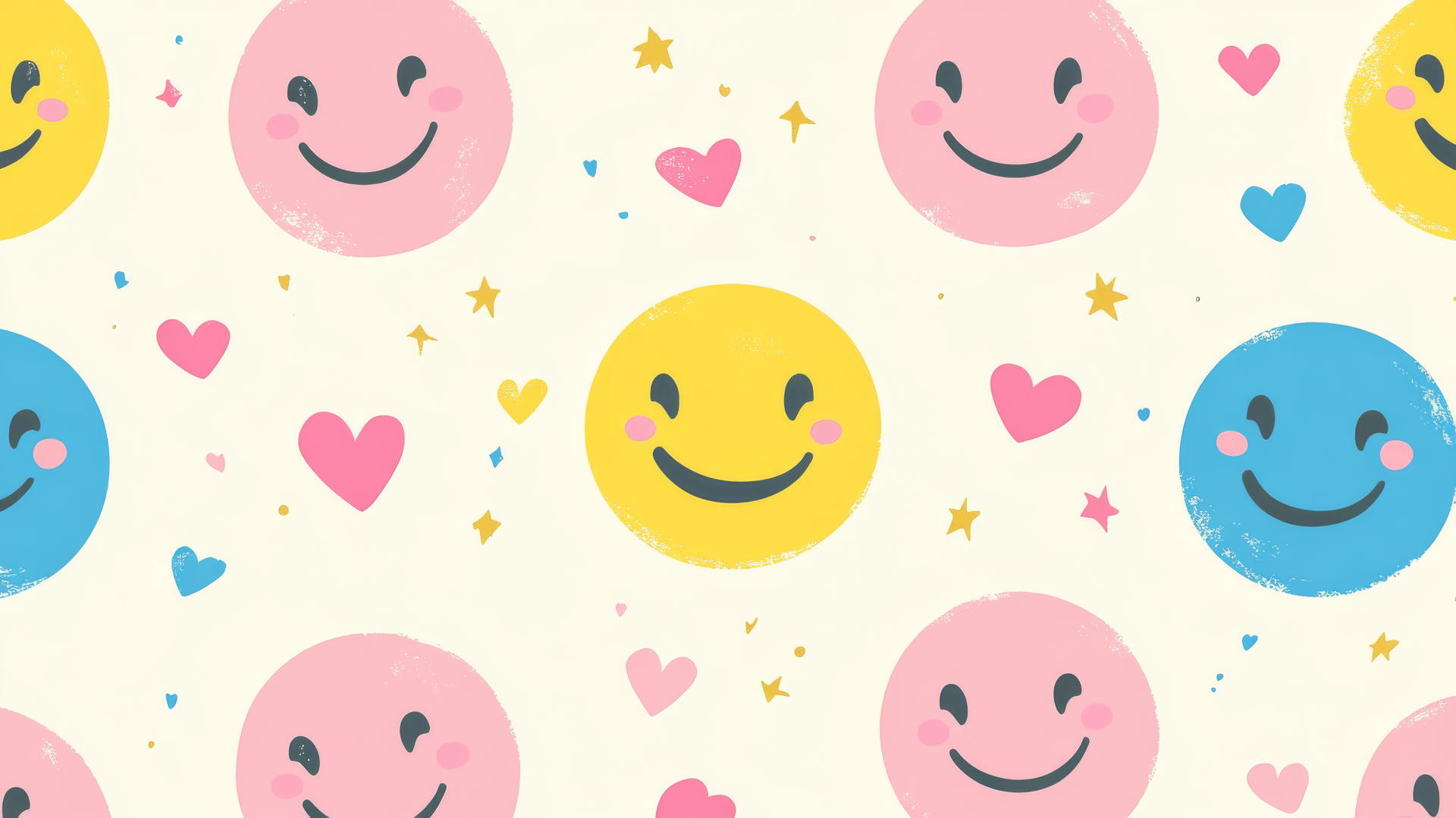 preppy wallpaper smiley face with pastel yellow, pink, and blue smiley faces, hearts, and stars on a cream background