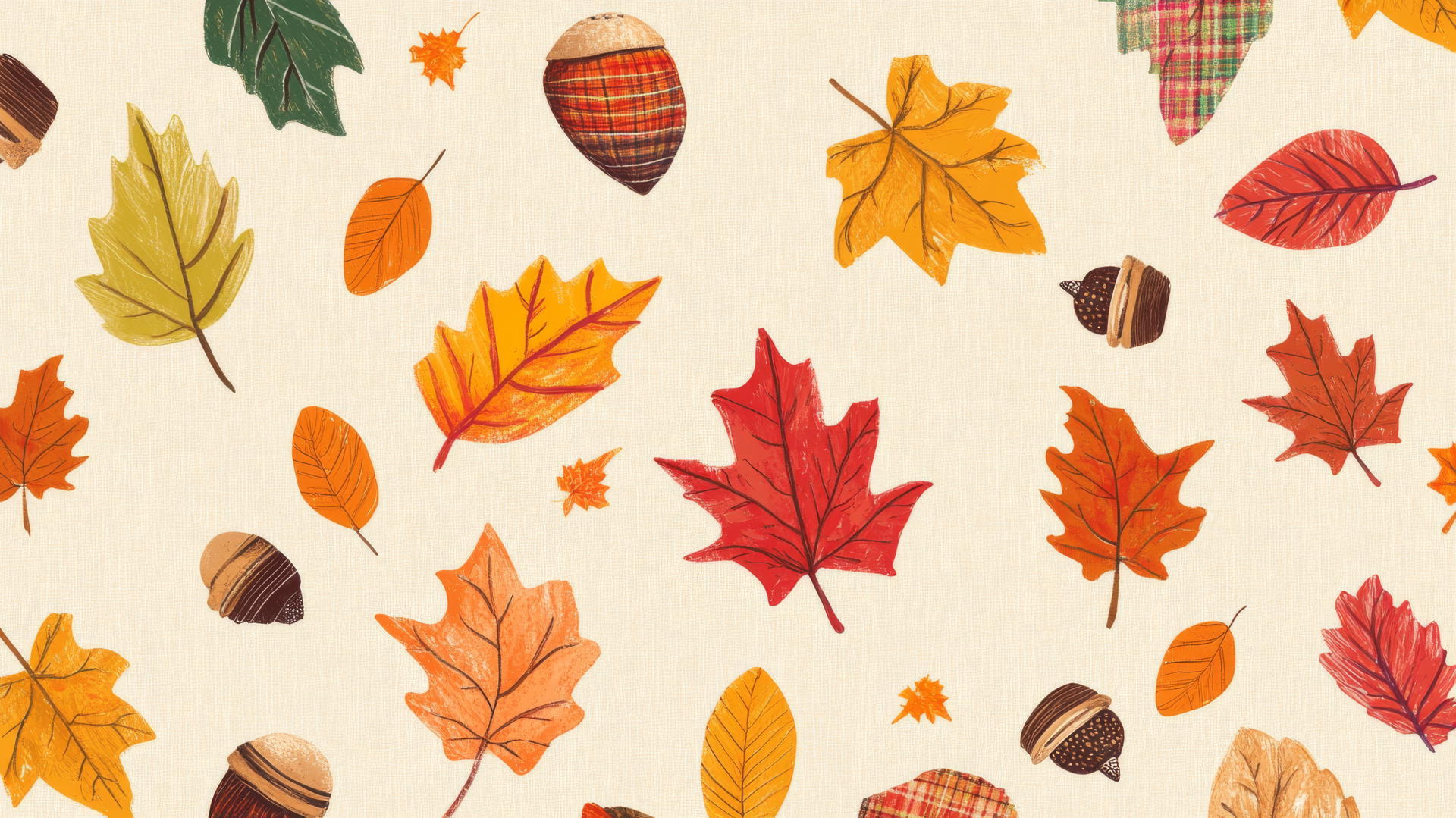 preppy autumn wallpaper with colorful leaves, acorns, plaid accents, cozy textures