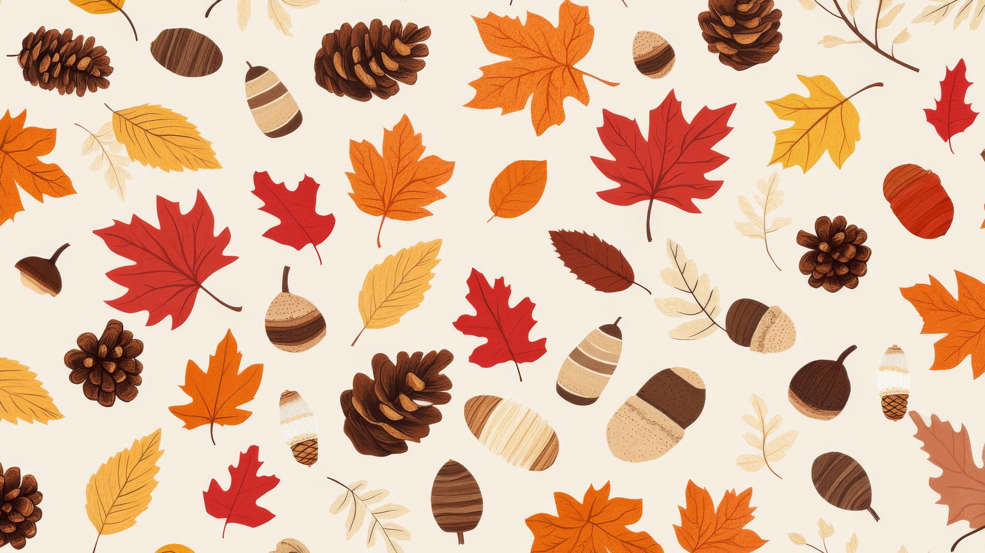 preppy autumn wallpaper with cute leaves, acorns, pinecones on pastel beige background