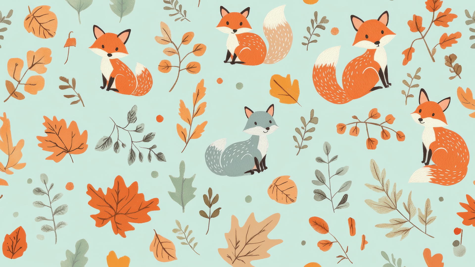 preppy fall wallpaper with hand-drawn foxes, squirrels, and deer, fall foliage on mint green