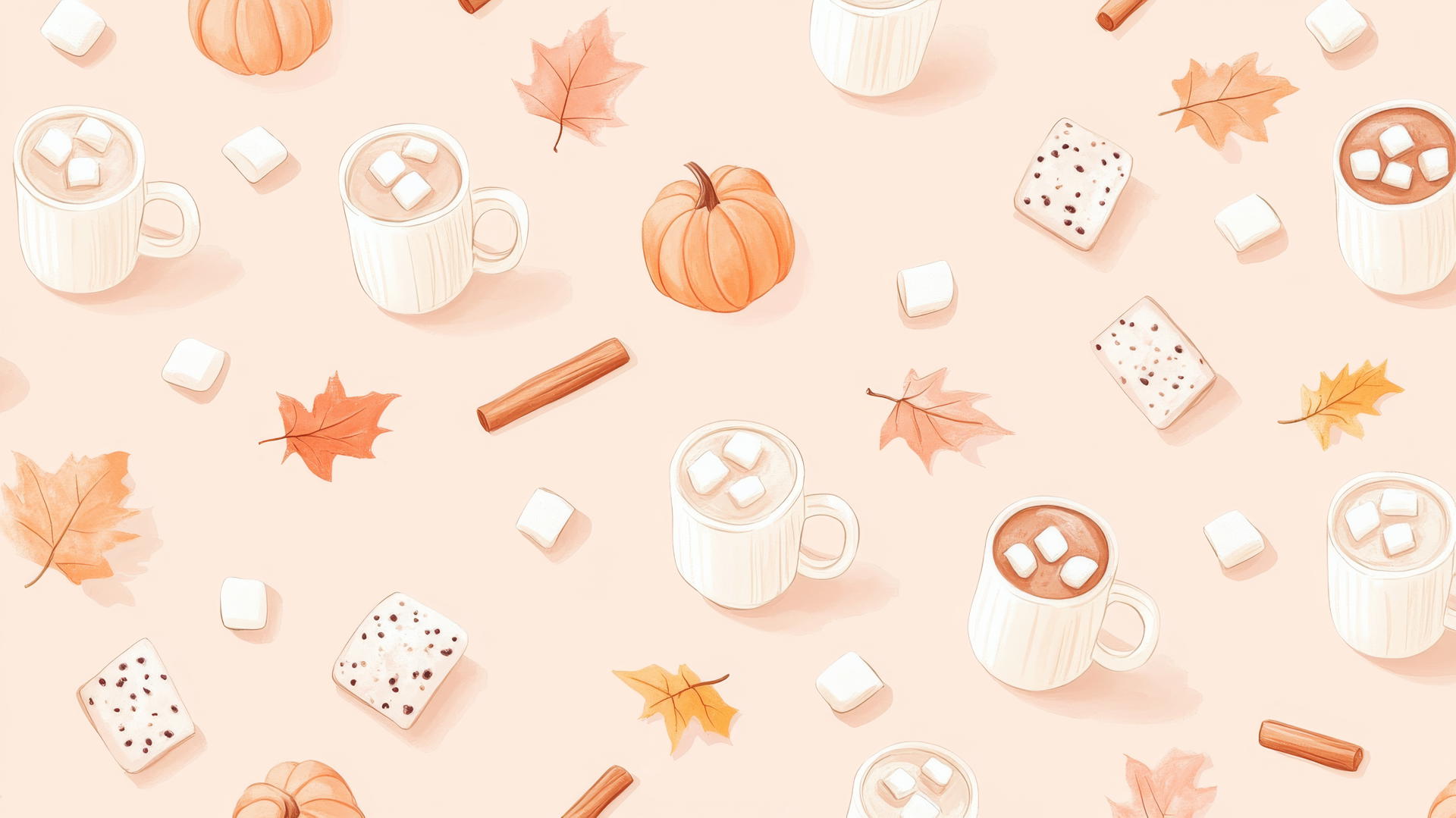 preppy fall wallpaper with pastel hot cocoa mugs, marshmallows, cinnamon sticks