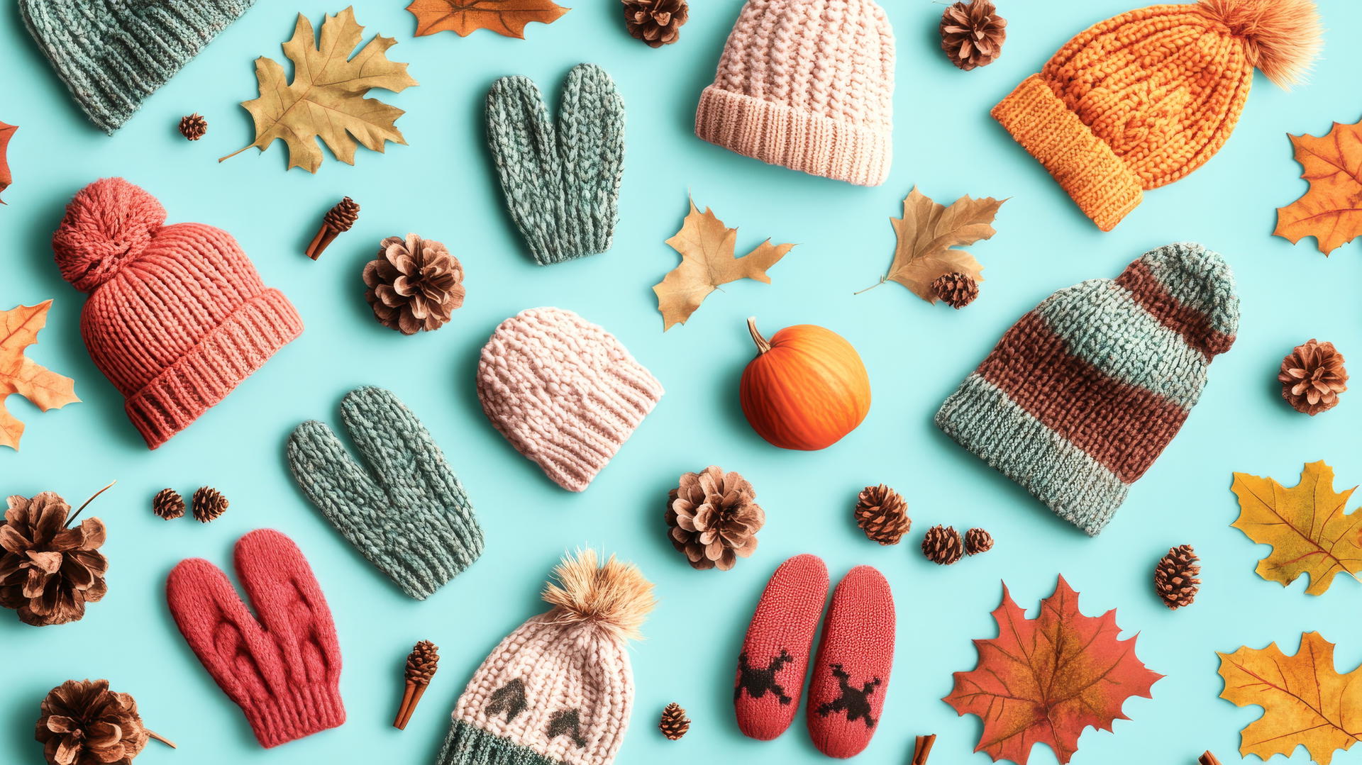 preppy fall wallpaper with cozy knit hats, mittens, scarves on teal background
