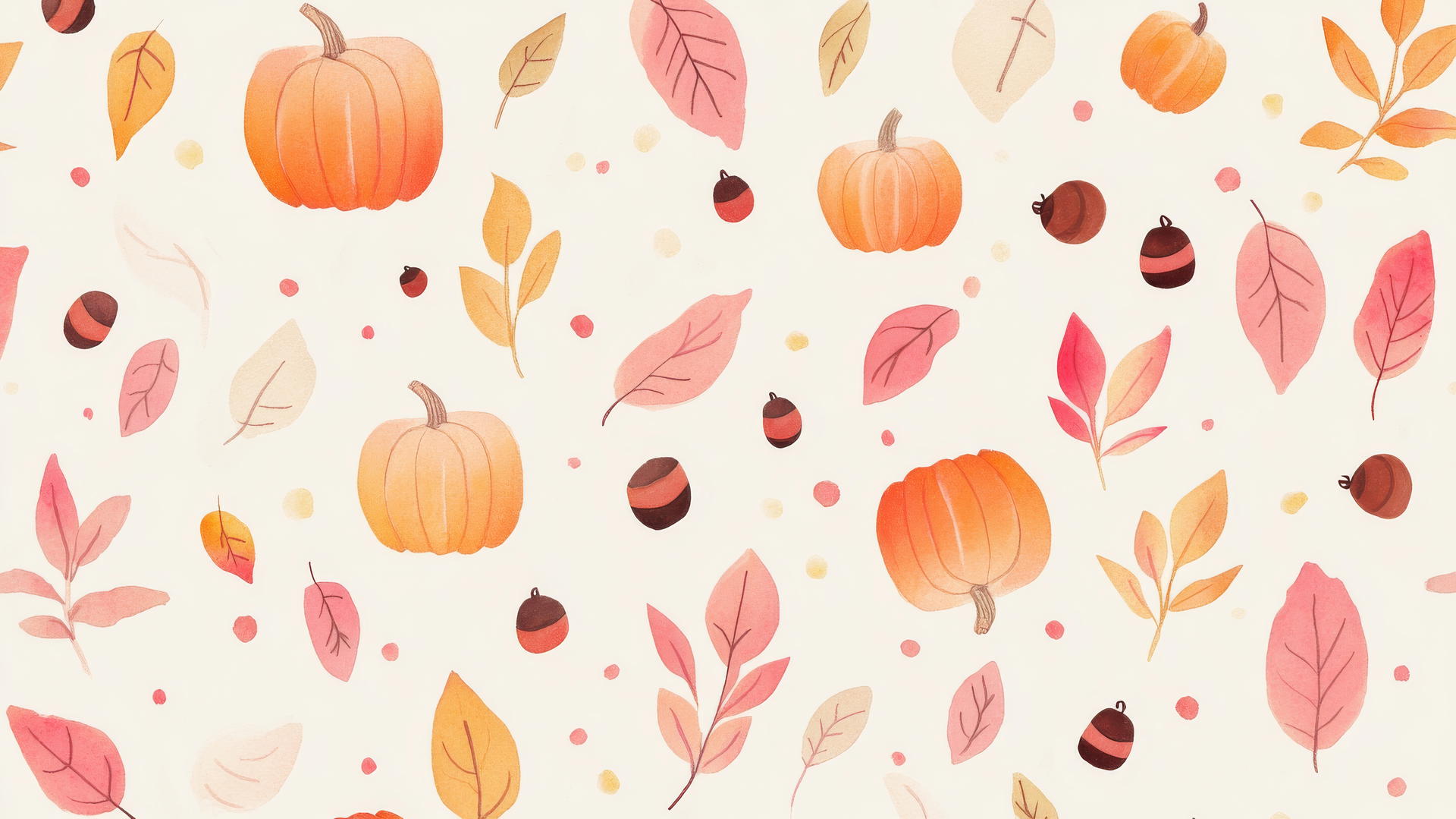Seamless pattern of hand-drawn fall foliage, pumpkins, and acorns in pastel pinks and oranges on cream, preppy fall wallpaper