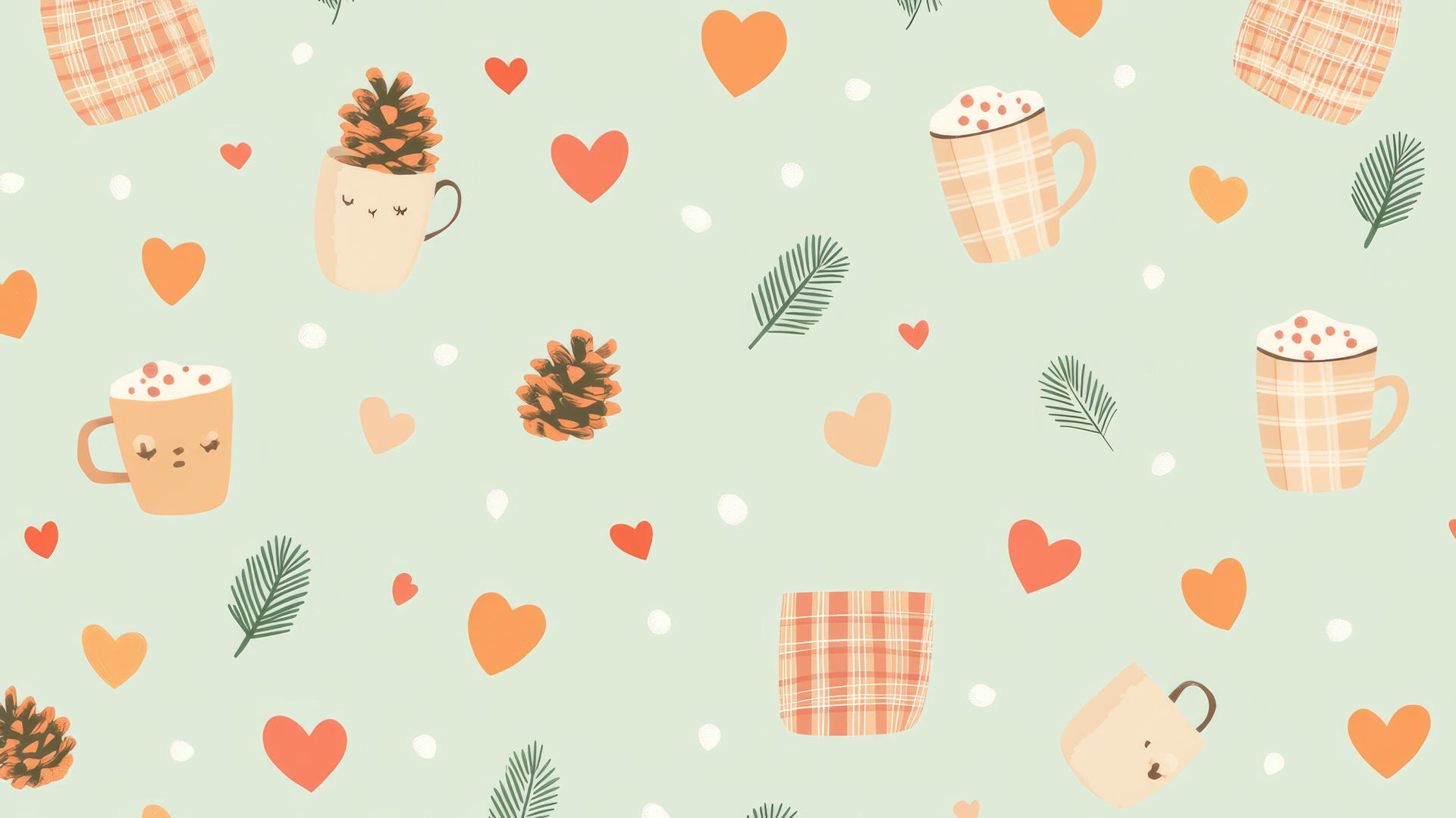 preppy fall wallpaper with pinecones, plaid blankets, hot cocoa mugs on pastel green background