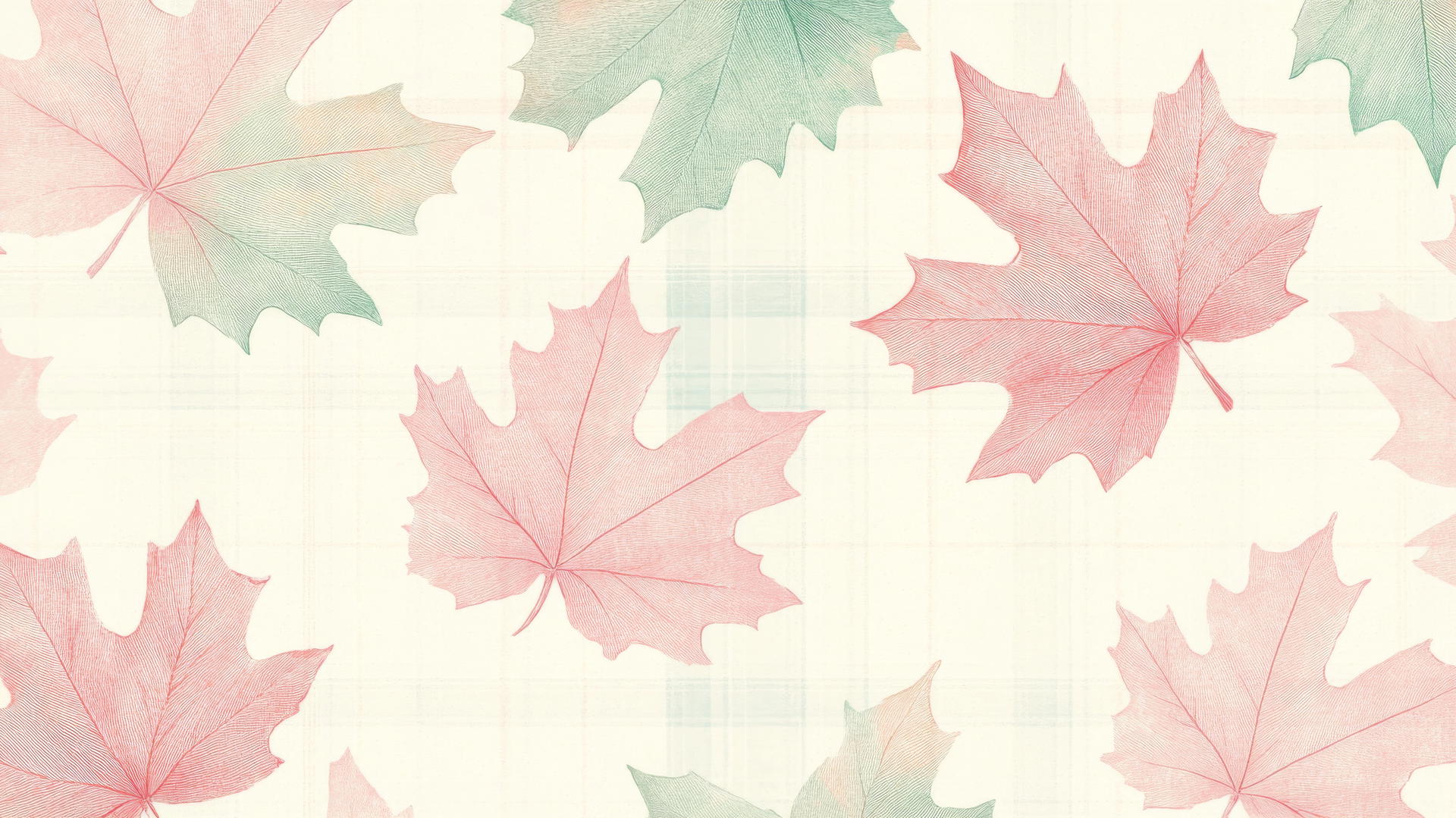 Preppy fall wallpaper with hand-drawn pastel maple leaves and plaid elements