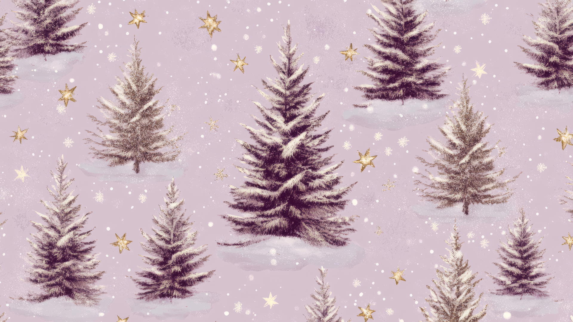 preppy winter wallpaper with snow-capped evergreen trees and twinkling stars on soft lilac