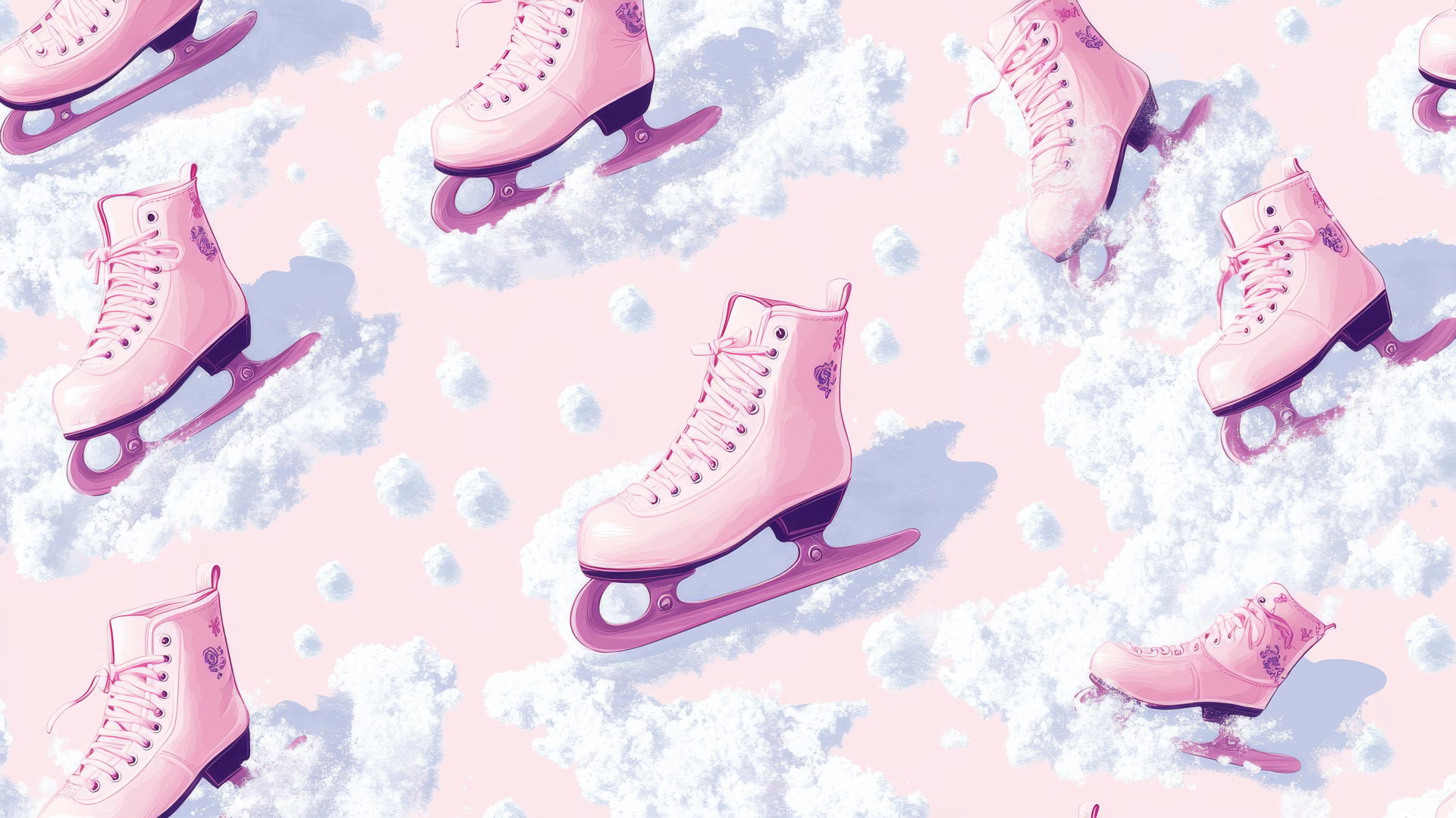 pattern of vintage ice skates with pink laces on soft snowdrifts