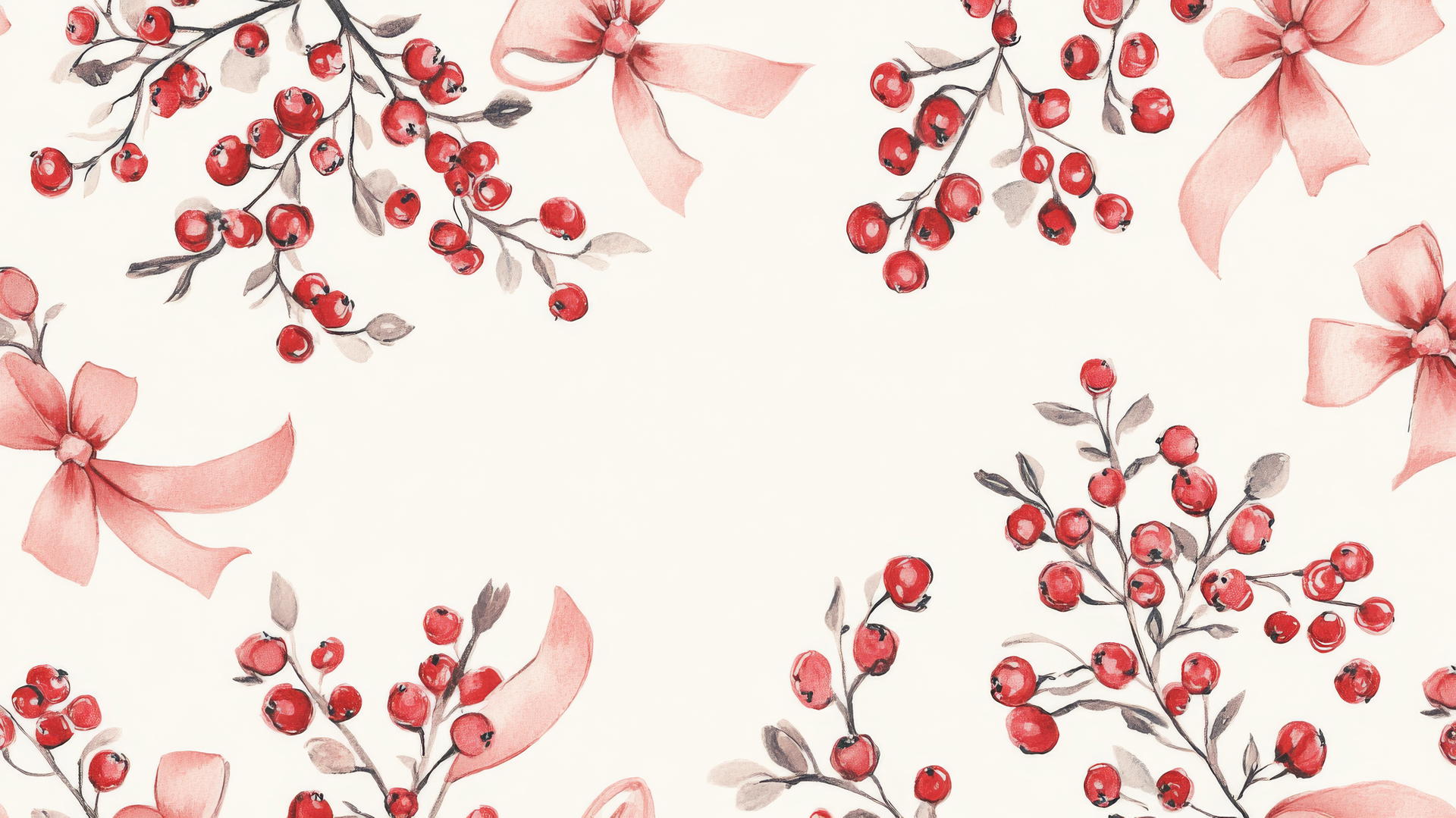 preppy winter wallpaper with red berries and pink ribbon bows on cream background
