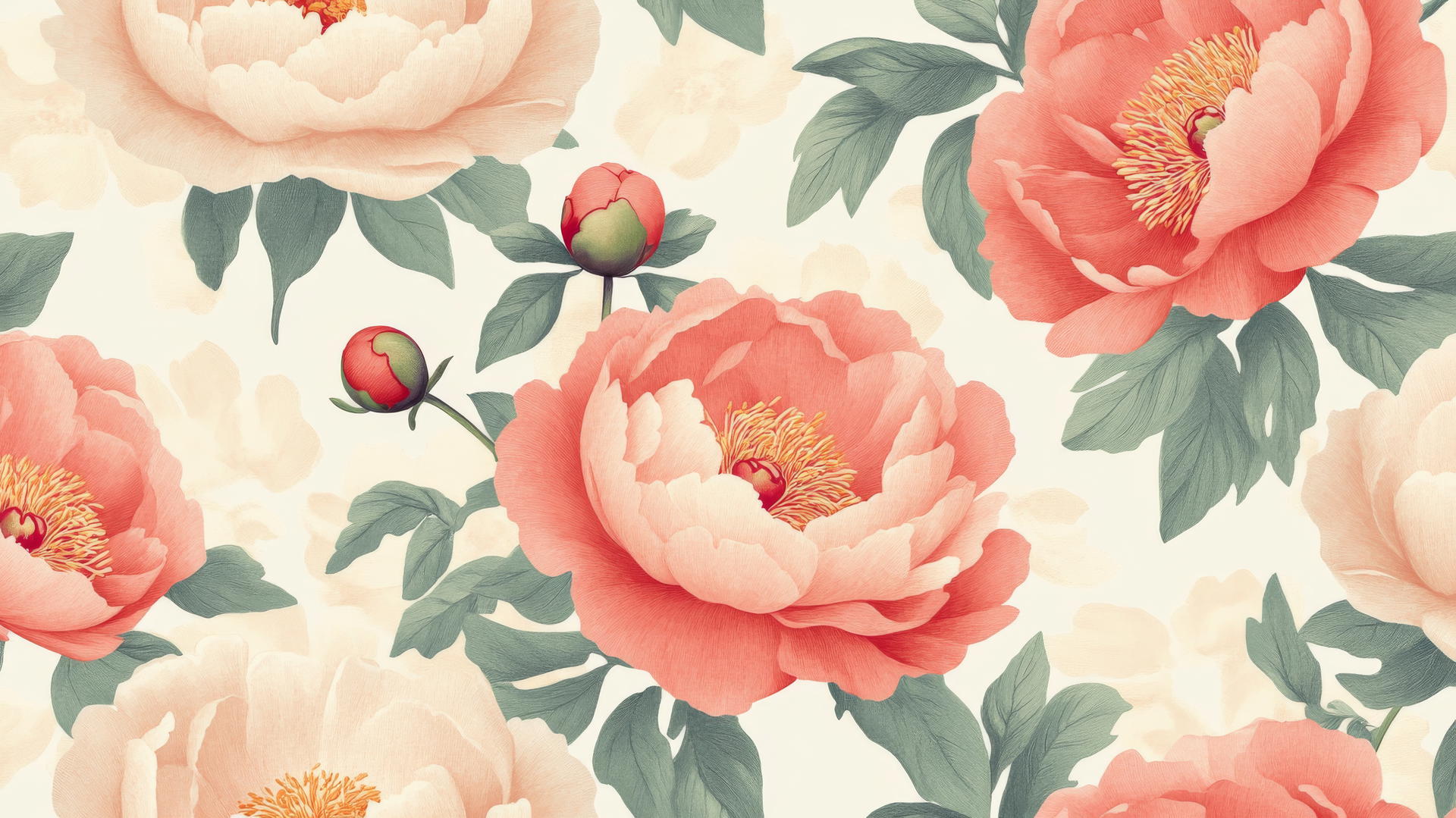 preppy spring wallpaper with large pink and coral peonies on a cream background