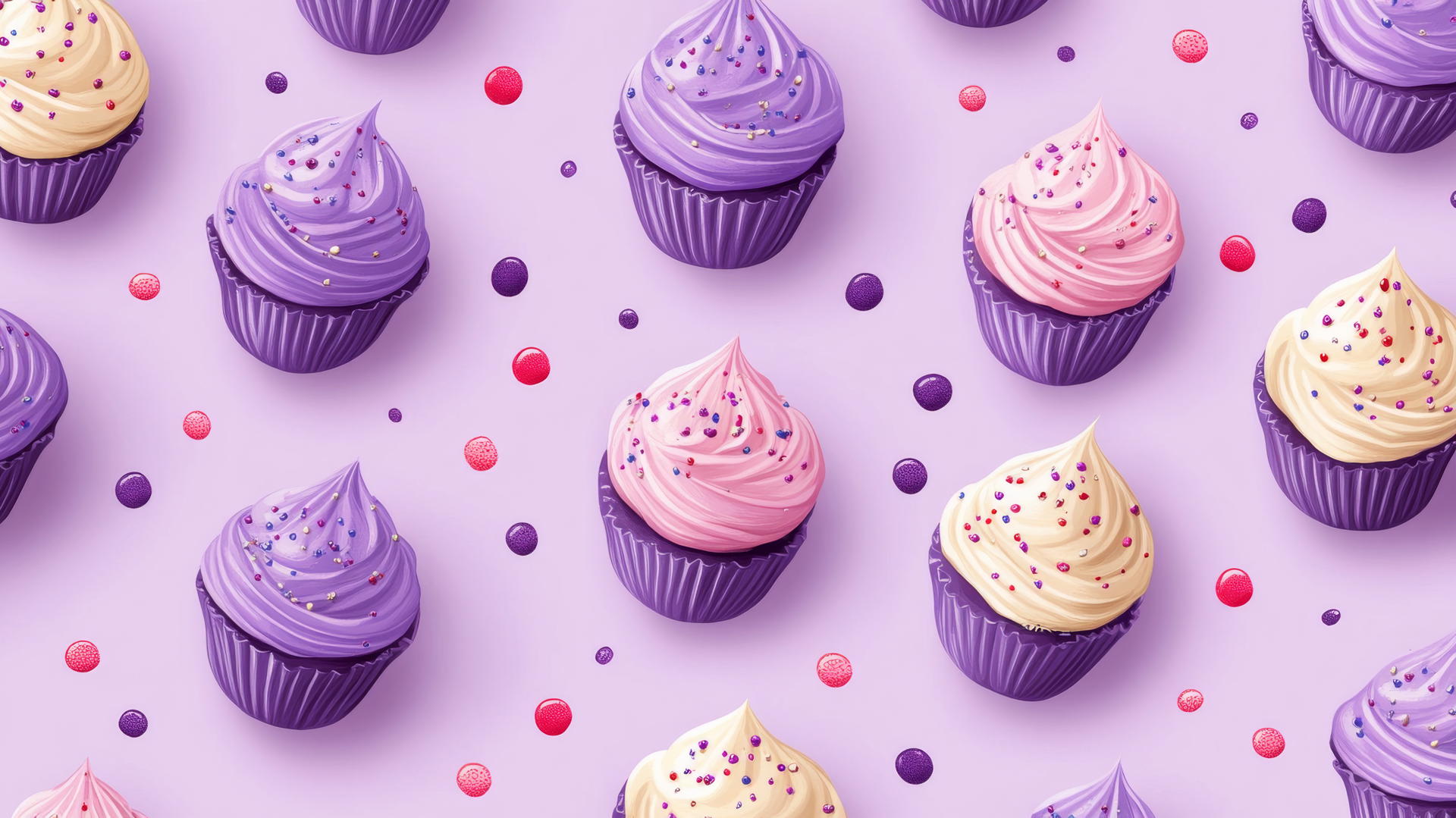 preppy purple wallpaper with playful purple and pink cupcakes