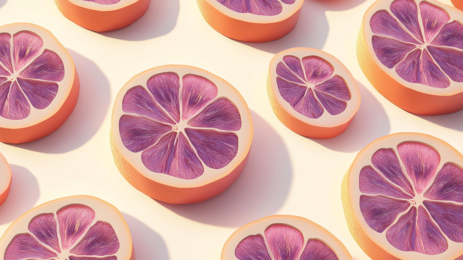 purple preppy wallpaper with sliced purple grapefruits in isometric layout
