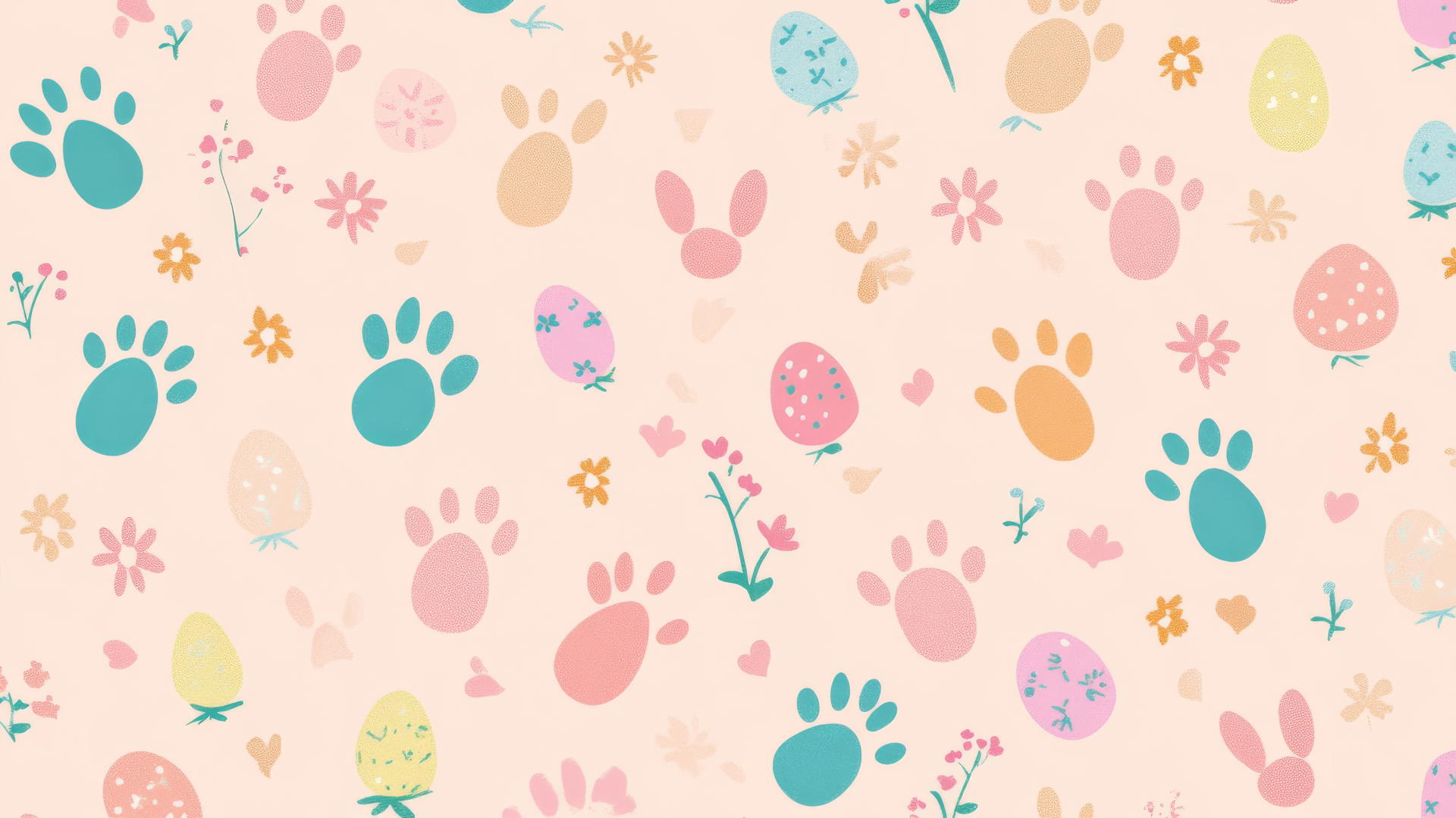 Preppy easter wallpaper with pastel bunny footprints, flowers, and Easter eggs on light pink