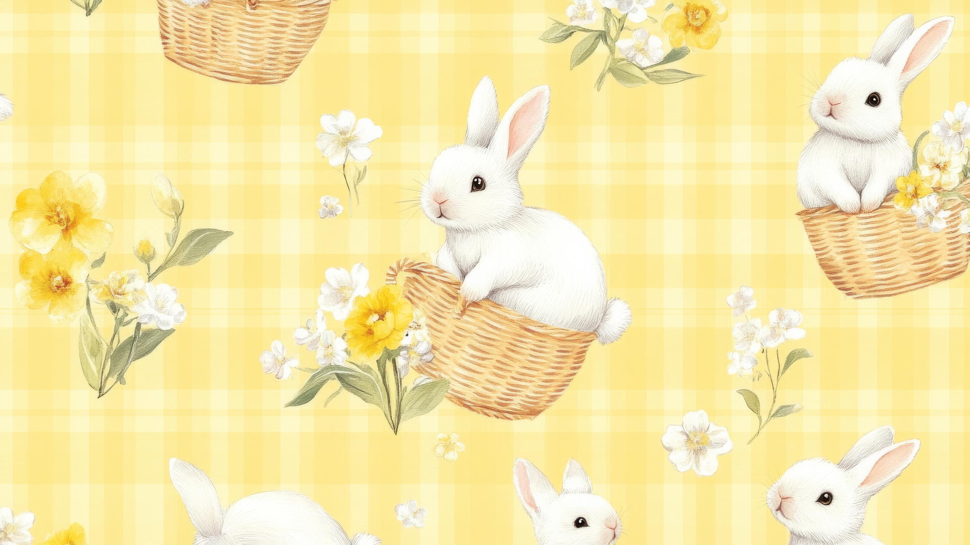 preppy easter wallpaper with gingham print bunnies, baskets, flowers on yellow background