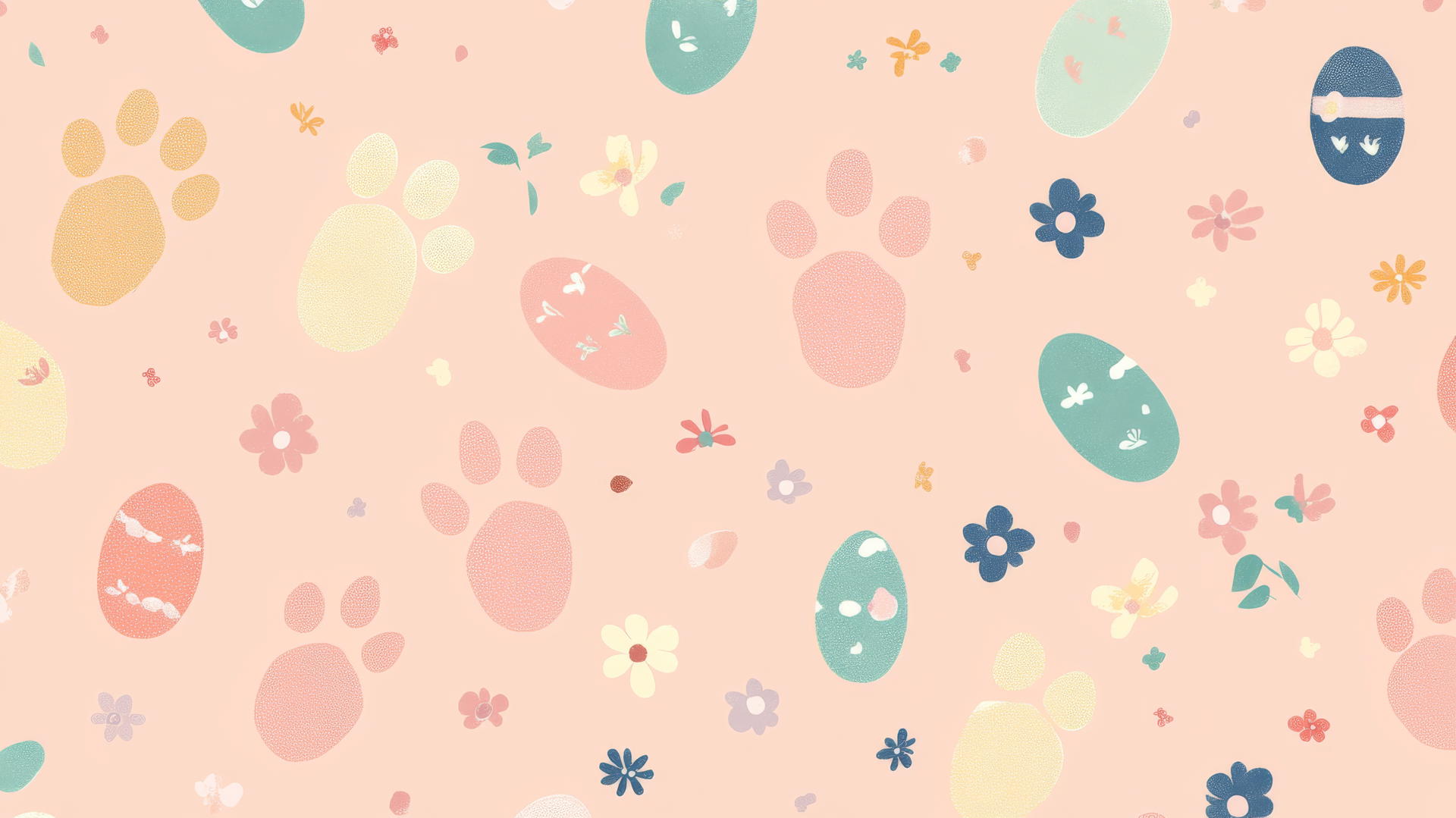 preppy easter wallpaper with pastel bunny footprints, small flowers, and Easter eggs on light pink background