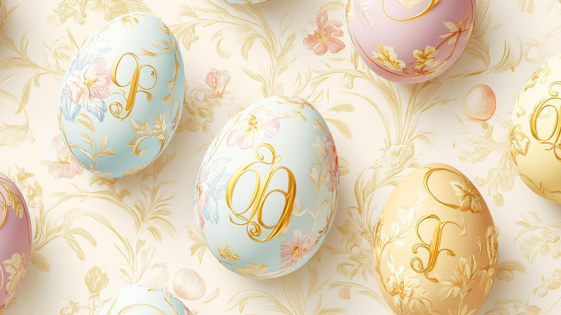 Preppy Easter wallpaper with monogrammed eggs, gold initials, pastel backgrounds, floral motifs