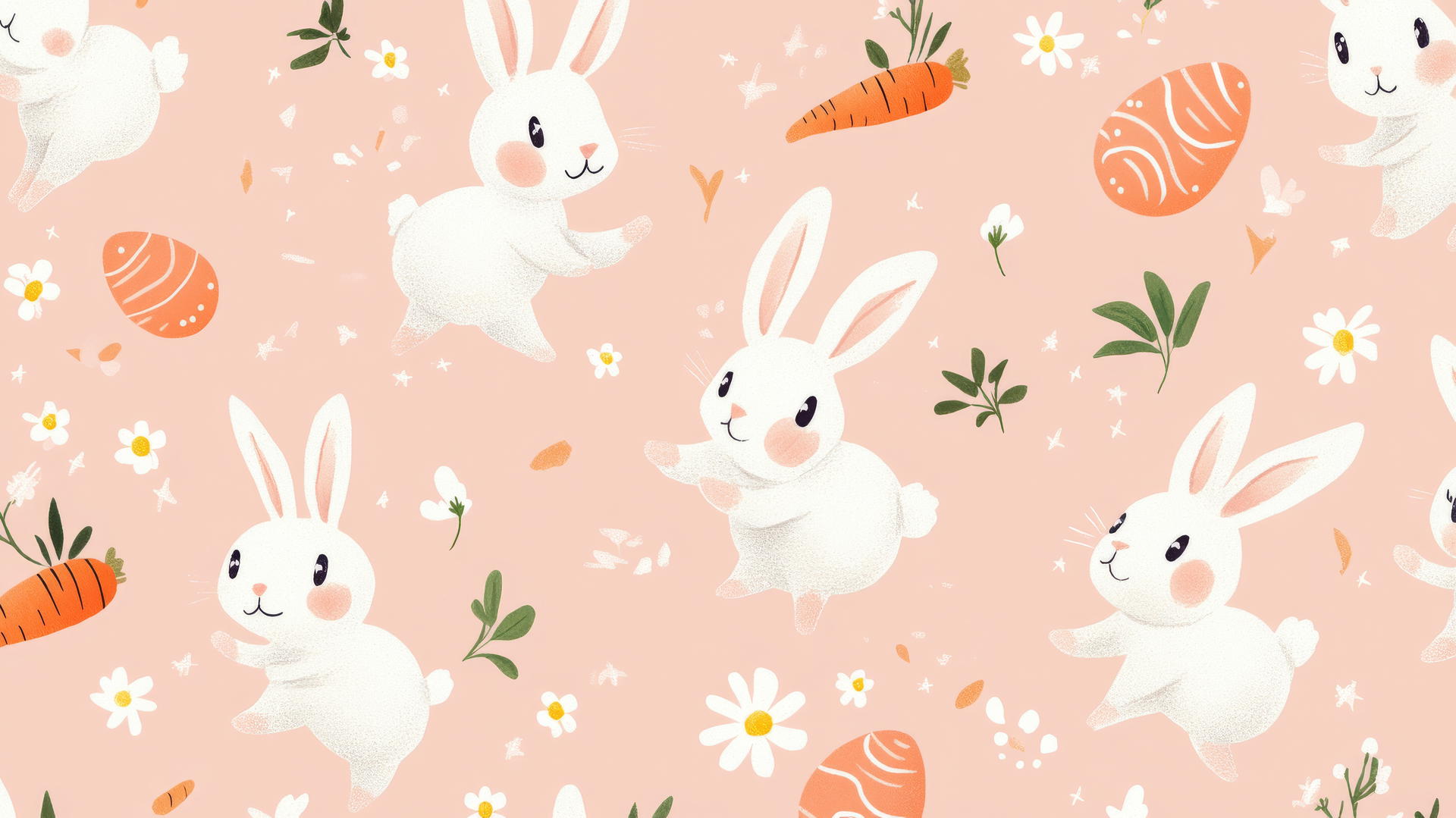 preppy easter wallpaper with cute cartoon bunnies, carrots, Easter eggs, and daisies