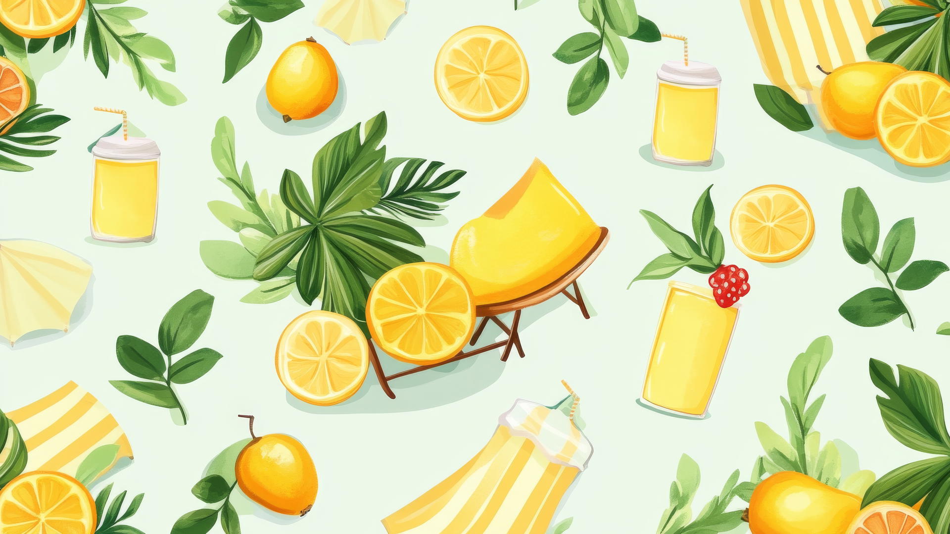 preppy beach wallpaper with lemonade stands, fruit, beach hats, chairs, umbrellas