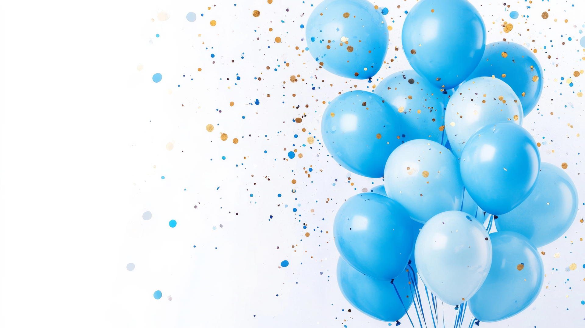 whimsical preppy blue wallpaper with pastel balloons and gold and silver confetti dots