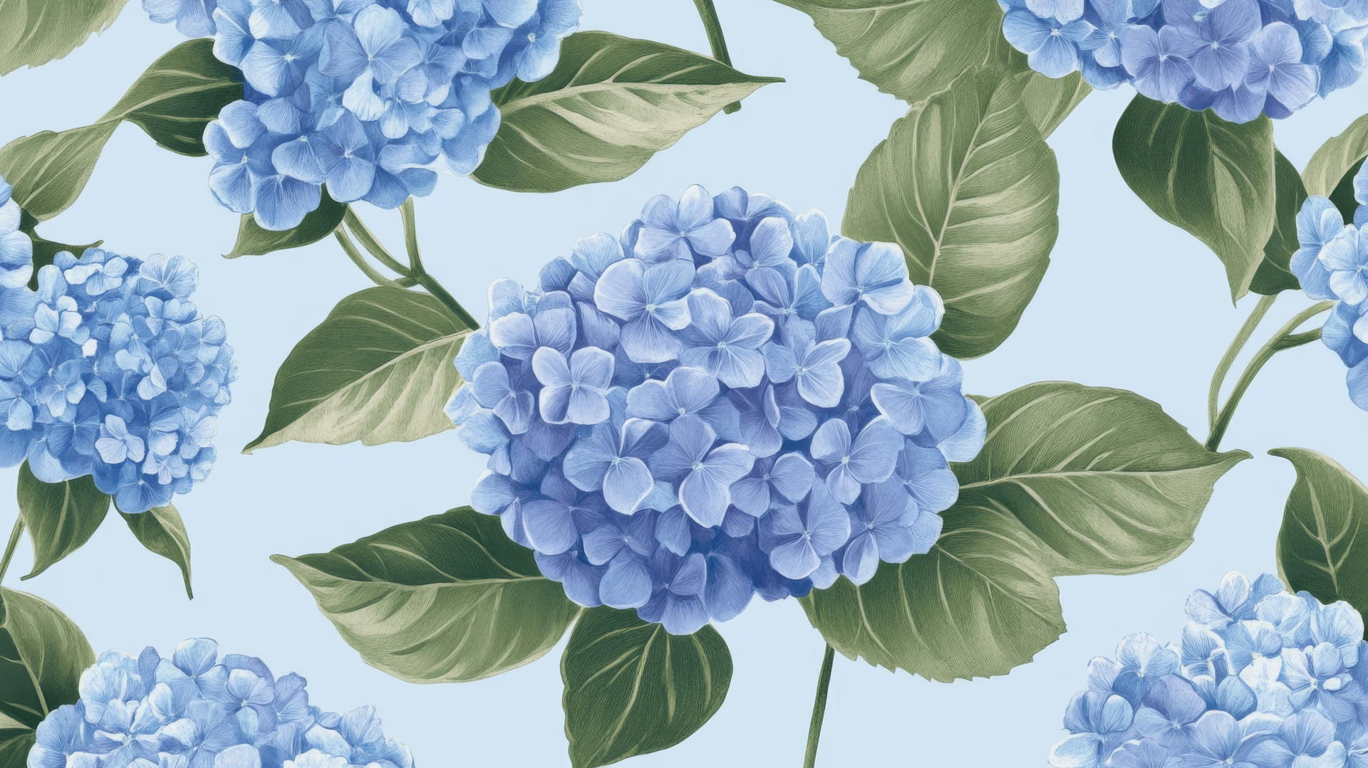 preppy blue wallpaper with hand-drawn blue hydrangeas and green leaves on a soft blue background