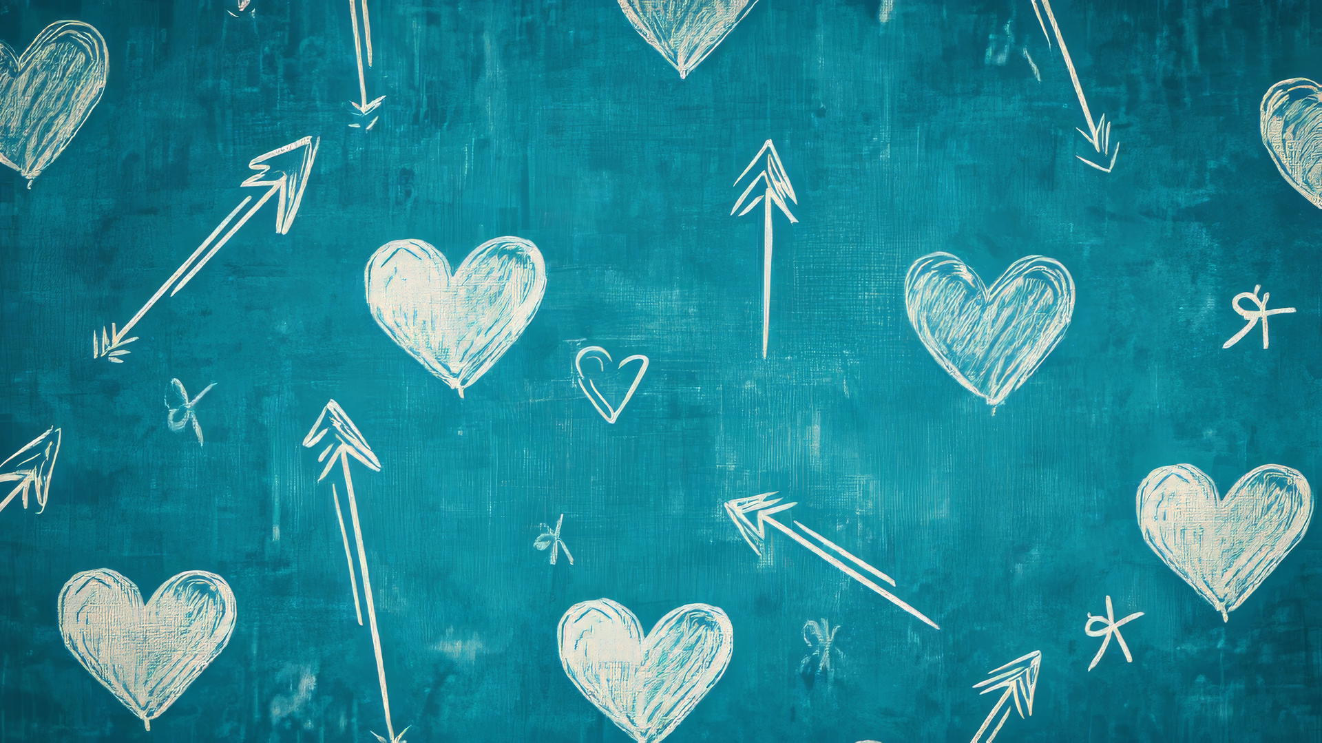 preppy blue wallpaper with pixelated hearts and white arrows on bright teal background