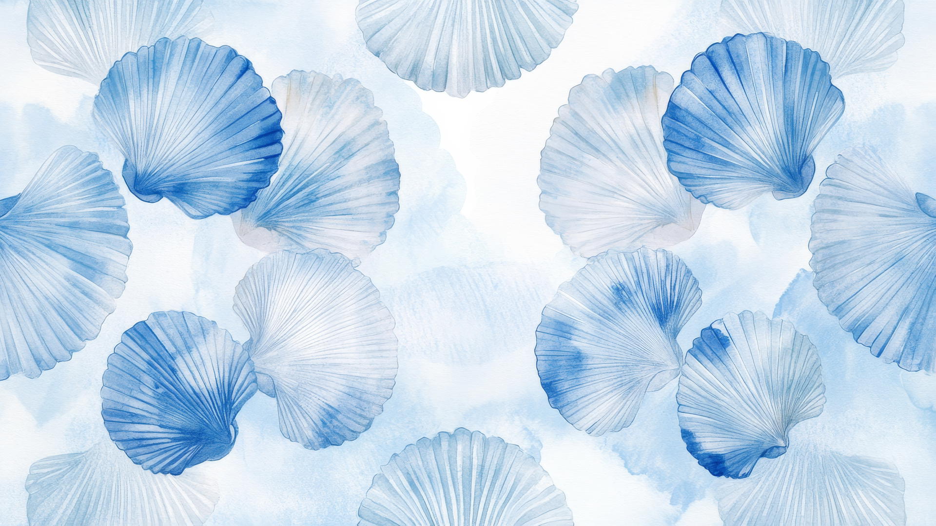 preppy blue wallpaper with watercolor seashells on pastel blue background