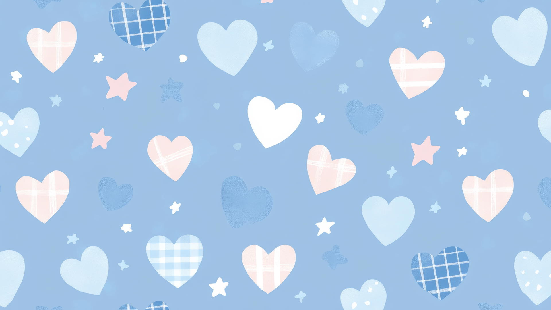 Playful preppy blue wallpaper with checkered hearts and pastel pink stars