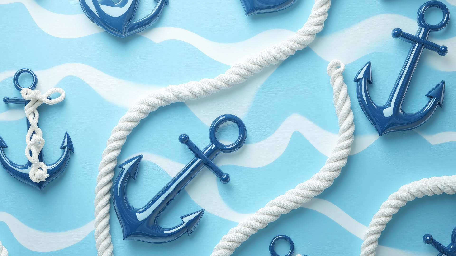 preppy blue wallpaper with navy blue anchors and white ropes on a sky-blue background