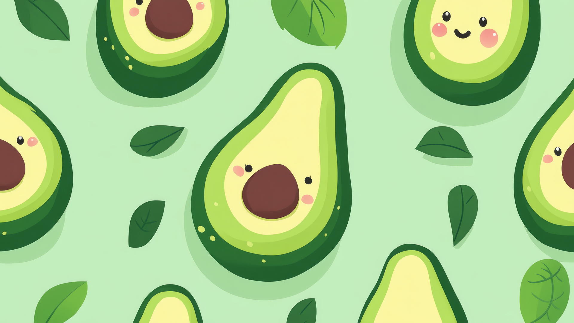 cute green wallpaper with kawaii avocados and cheerful faces