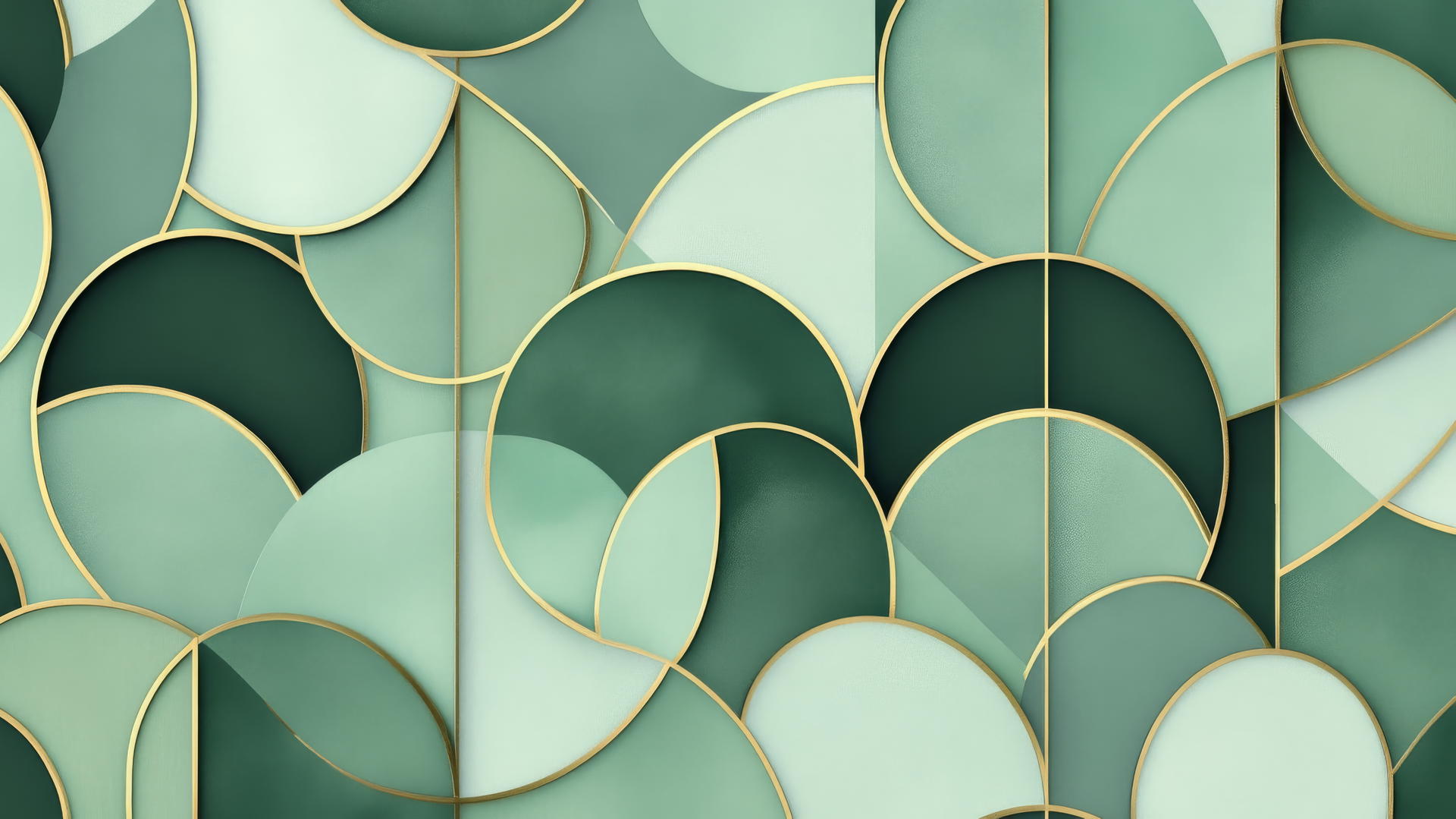 sage green aesthetic wallpaper with overlapping geometric circles and triangles and gold accents