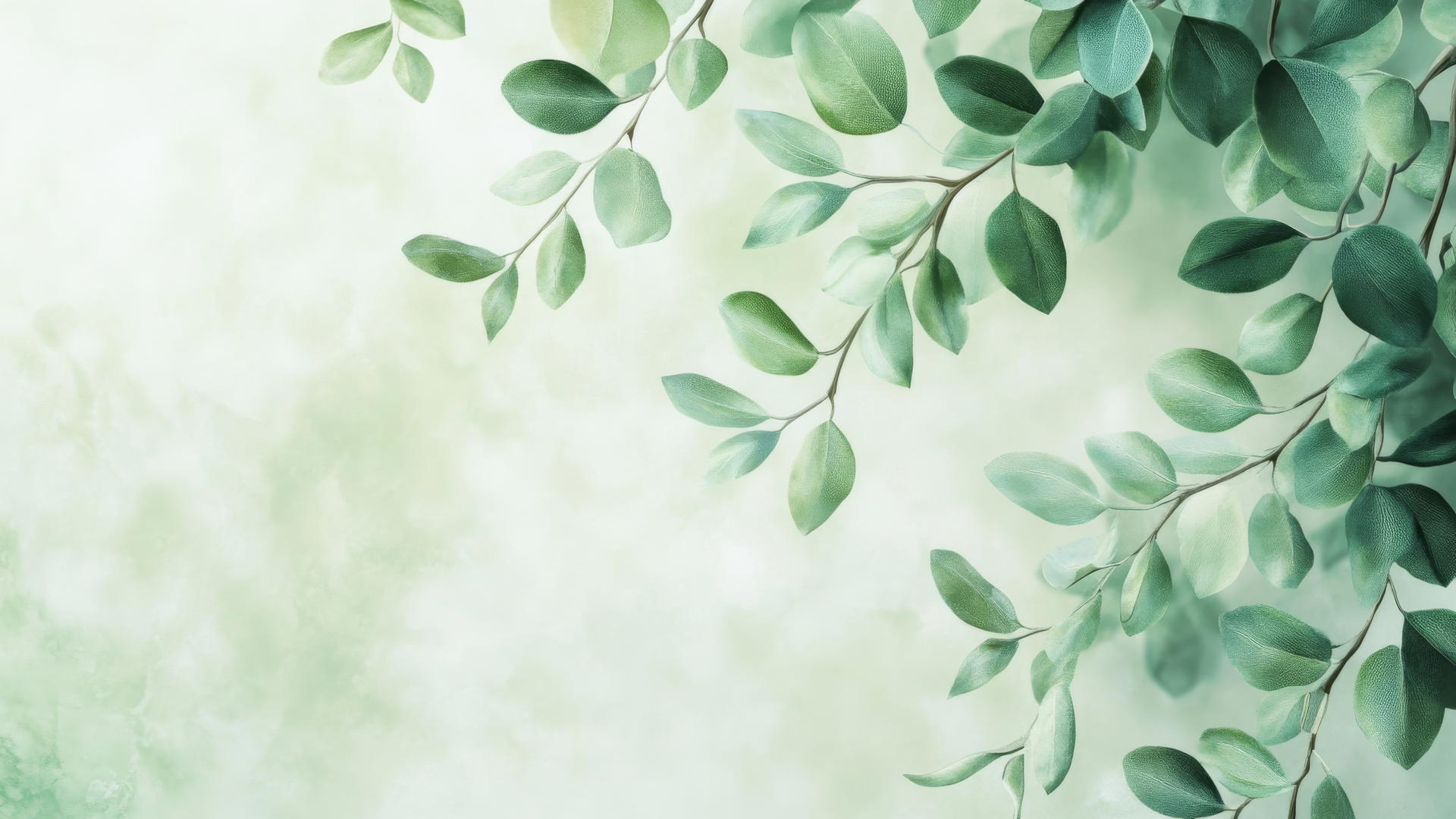 green wallpaper with soft green leaves cascading on light background